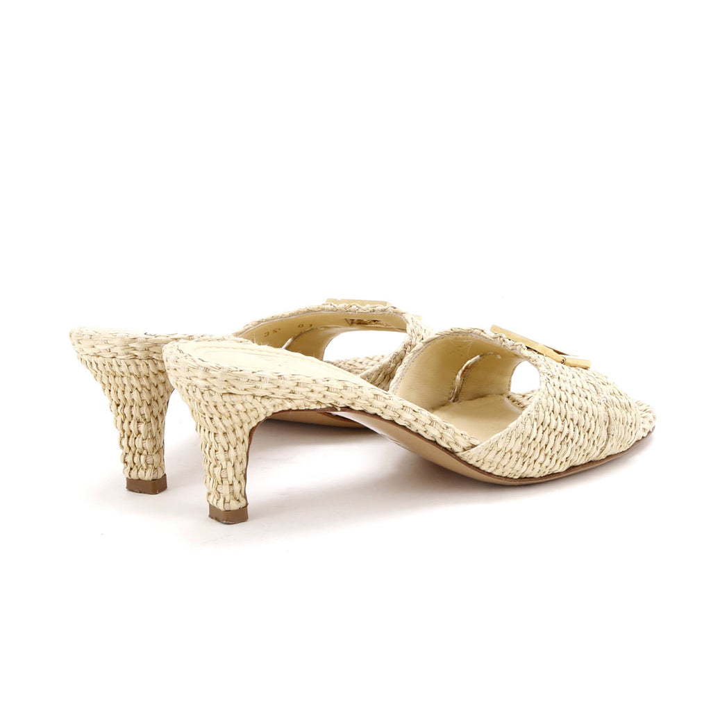 Women's FF Fold Heeled Mules Raffia