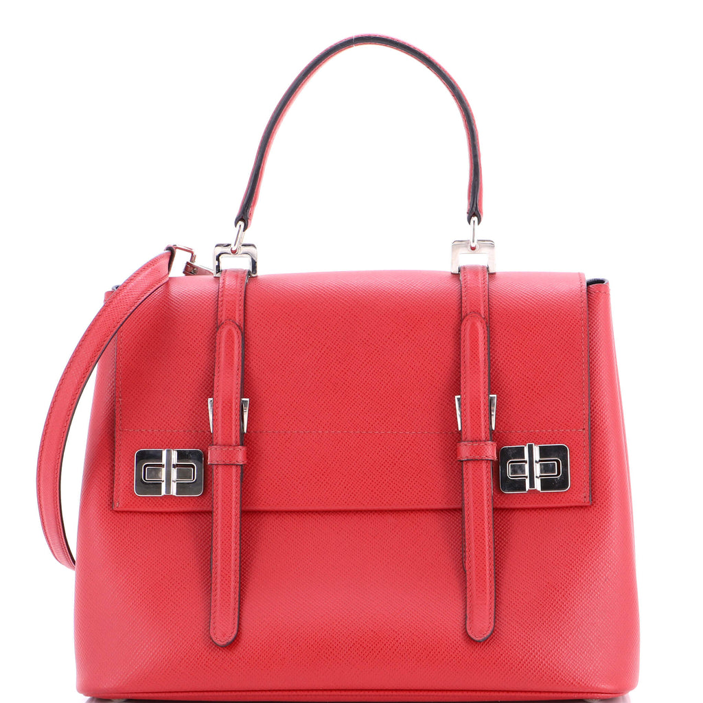 Half Flap Double Turn Lock Satchel Saffiano Leather Medium