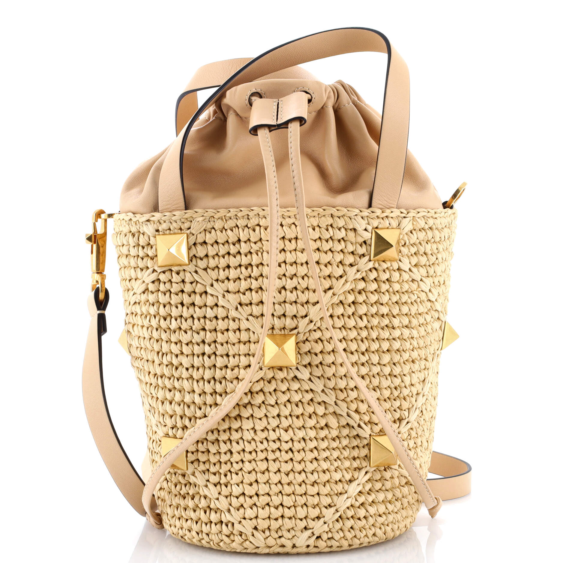 Roman Stud Bucket Bag Raffia and Leather