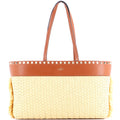 Rockstud Shopping Tote Raffia with Leather Large