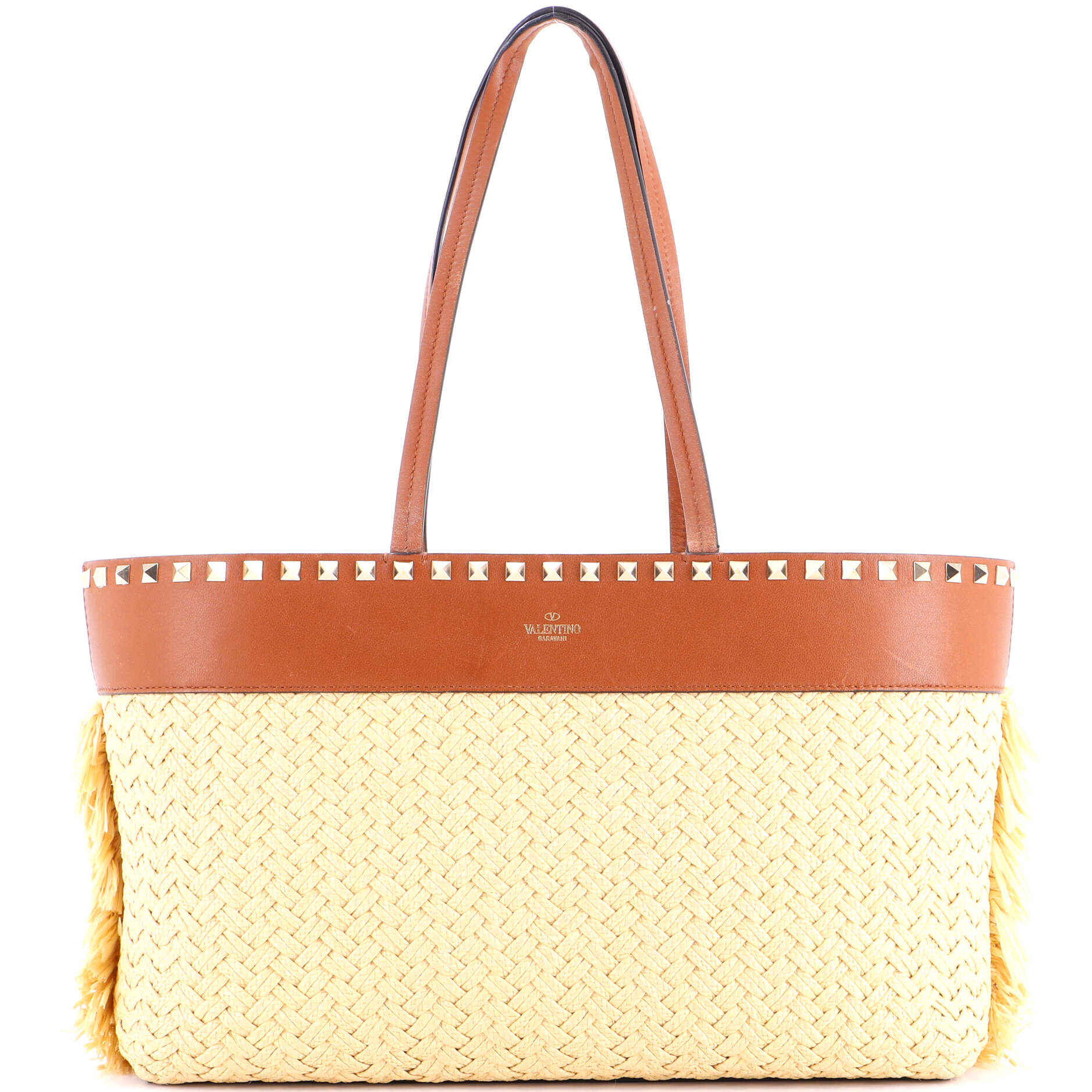 Rockstud Shopping Tote Raffia with Leather Large