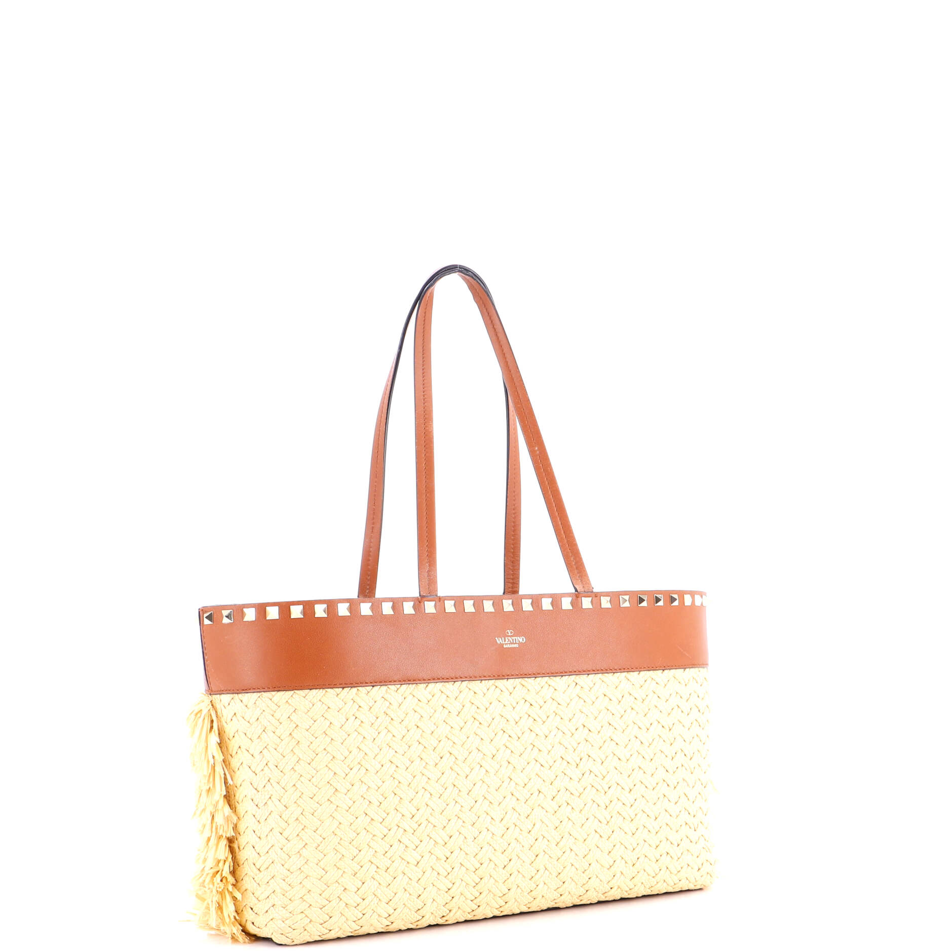 Rockstud Shopping Tote Raffia with Leather Large