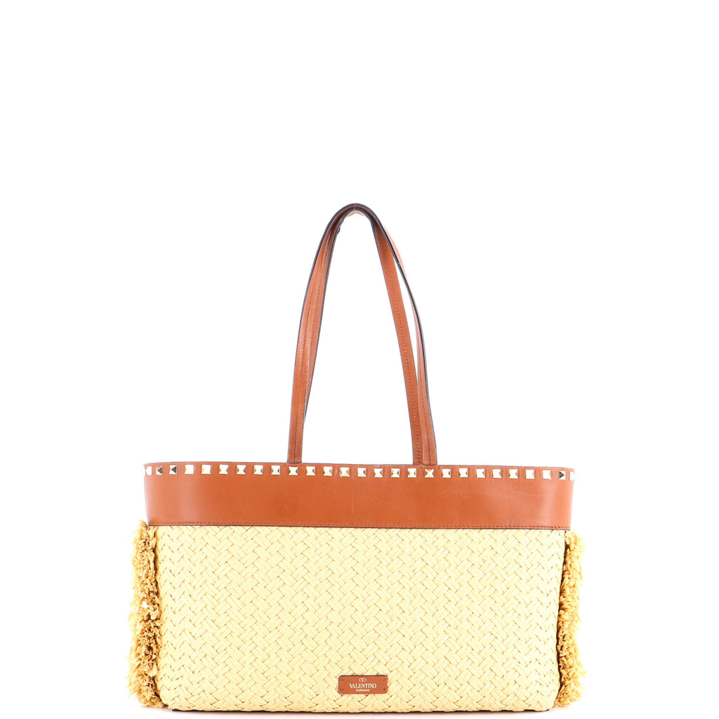 Rockstud Shopping Tote Raffia with Leather Large