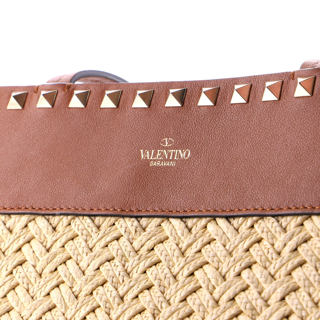 Rockstud Shopping Tote Raffia with Leather Large