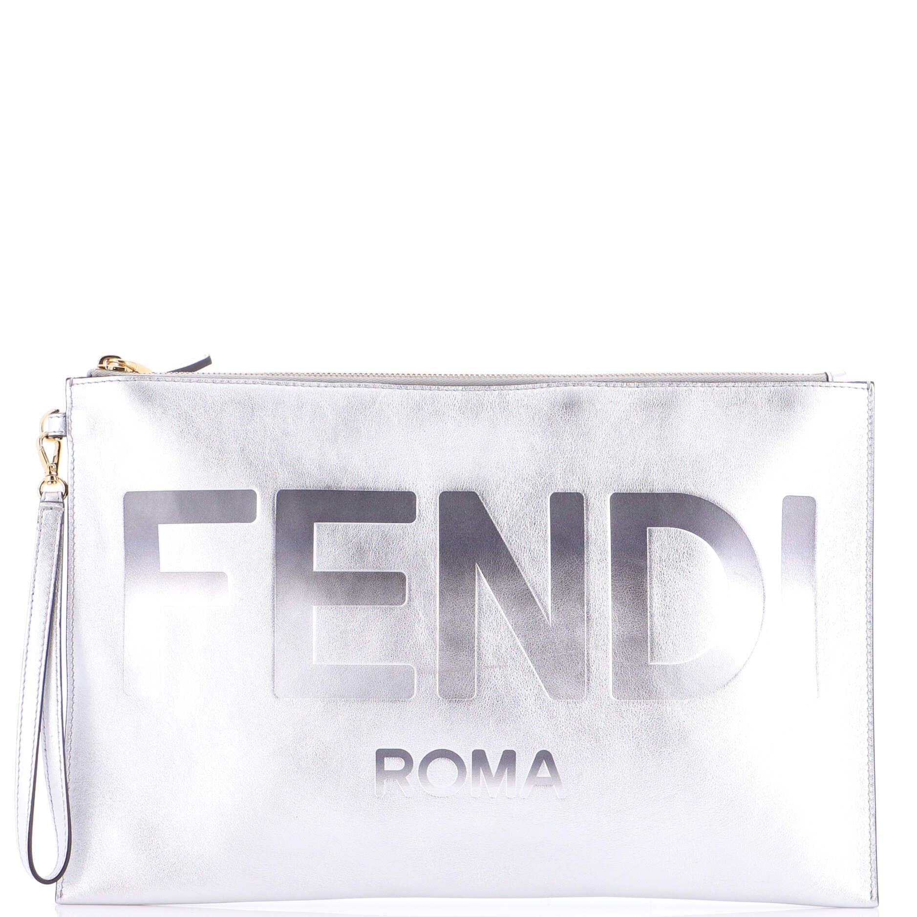 Logo Flat Wristlet Pouch Embossed Leather Large