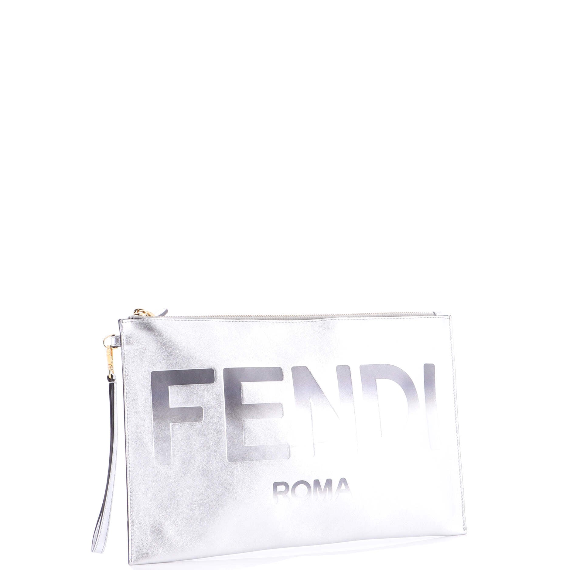 Logo Flat Wristlet Pouch Embossed Leather Large