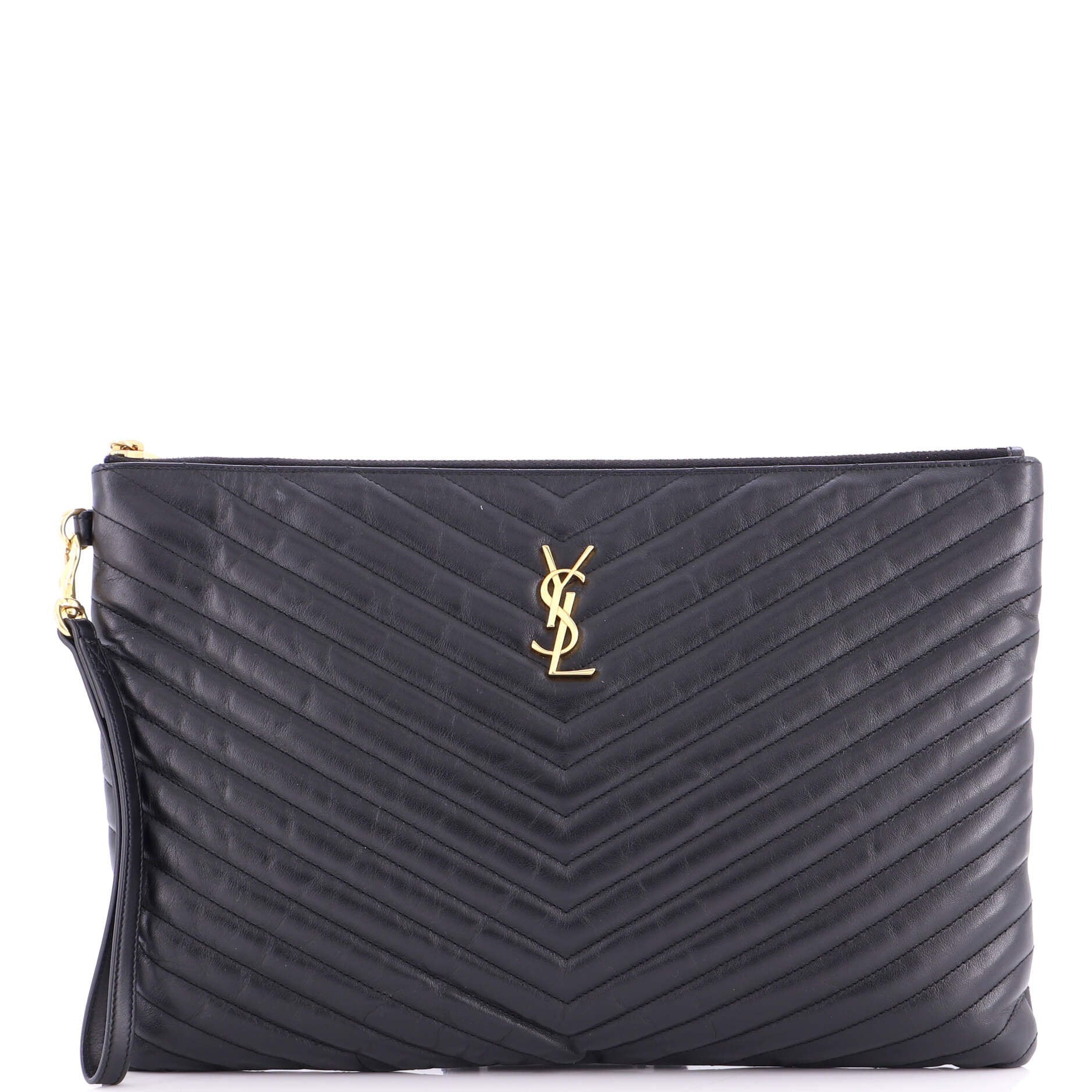 Classic Monogram Wristlet Pouch Matelasse Chevron Leather Large