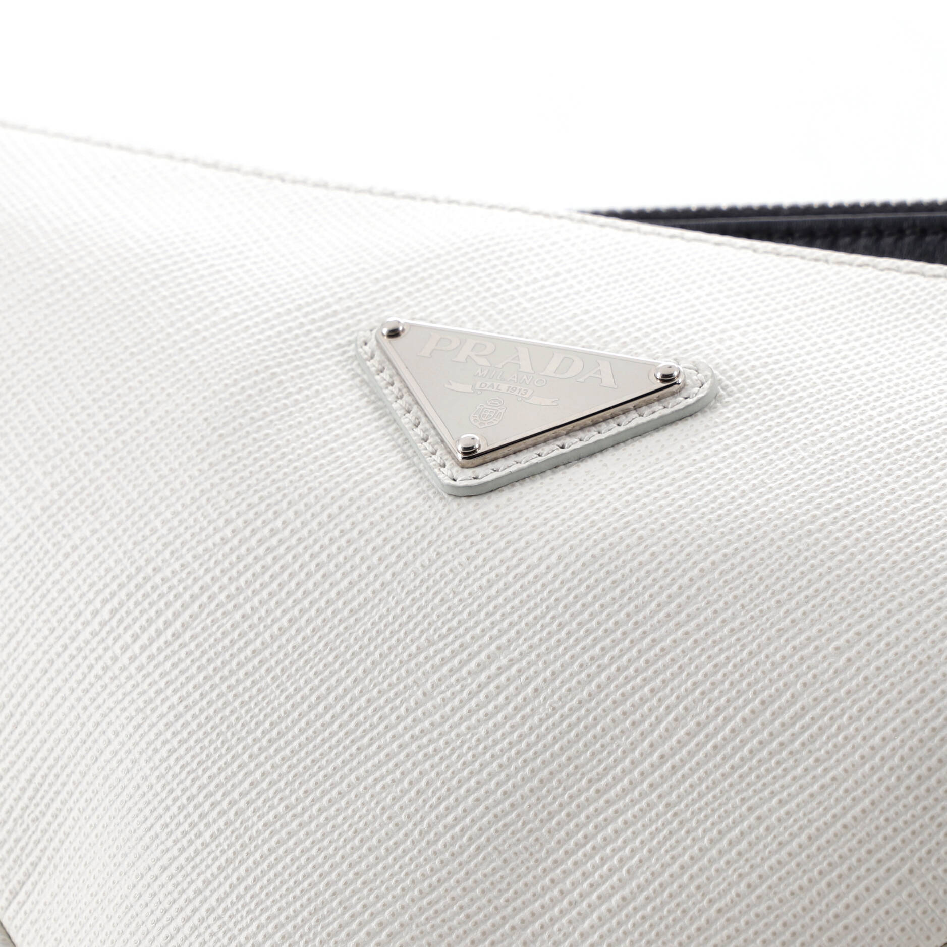 Double Triangle Logo Zip Shoulder Bag Saffiano Leather and Leather