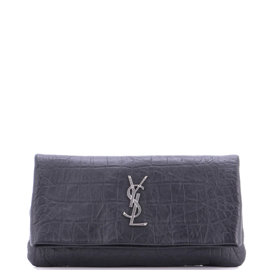West Hollywood Fold Over Clutch Crocodile Embossed Leather