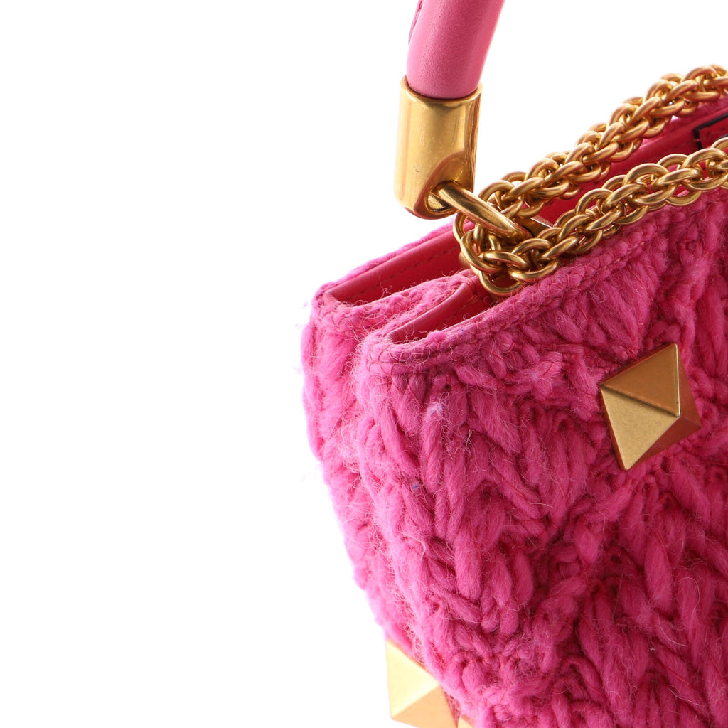 Roman Stud Top Handle Bag Woven Wool with Leather Small