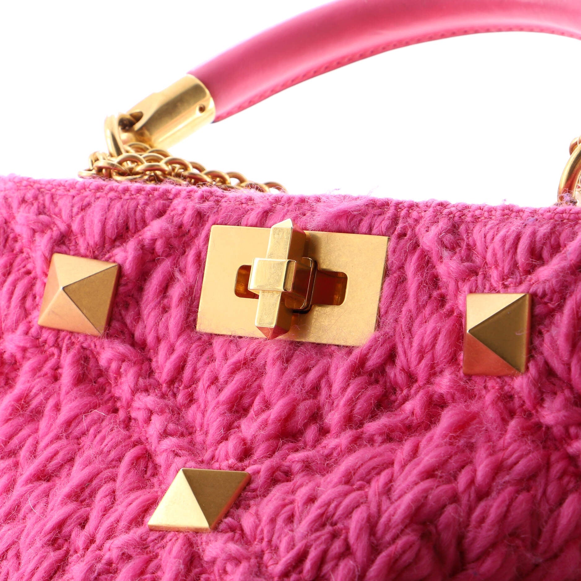Roman Stud Top Handle Bag Woven Wool with Leather Small