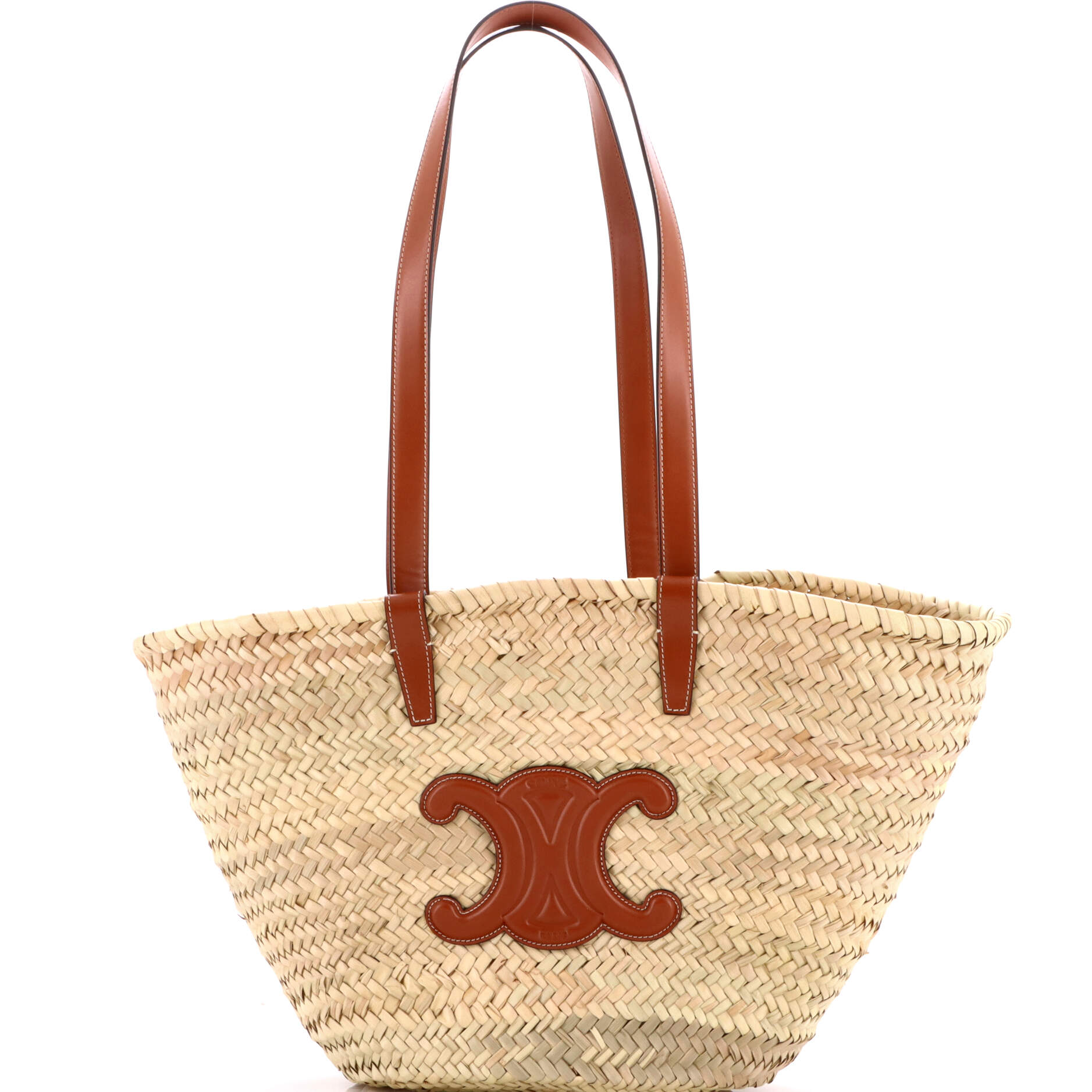 Triomphe Basket Shoulder Bag Raffia with Leather Medium