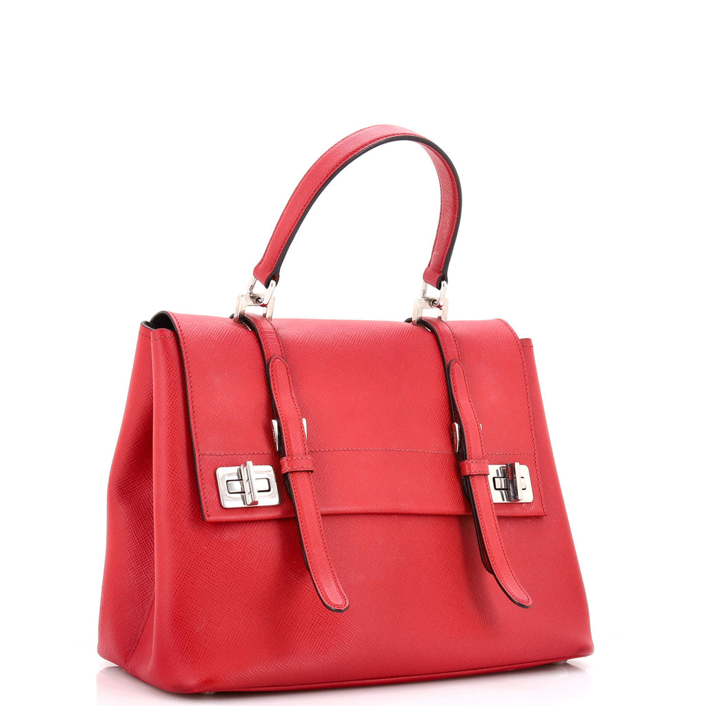 Half Flap Double Turn Lock Satchel Saffiano Leather Medium