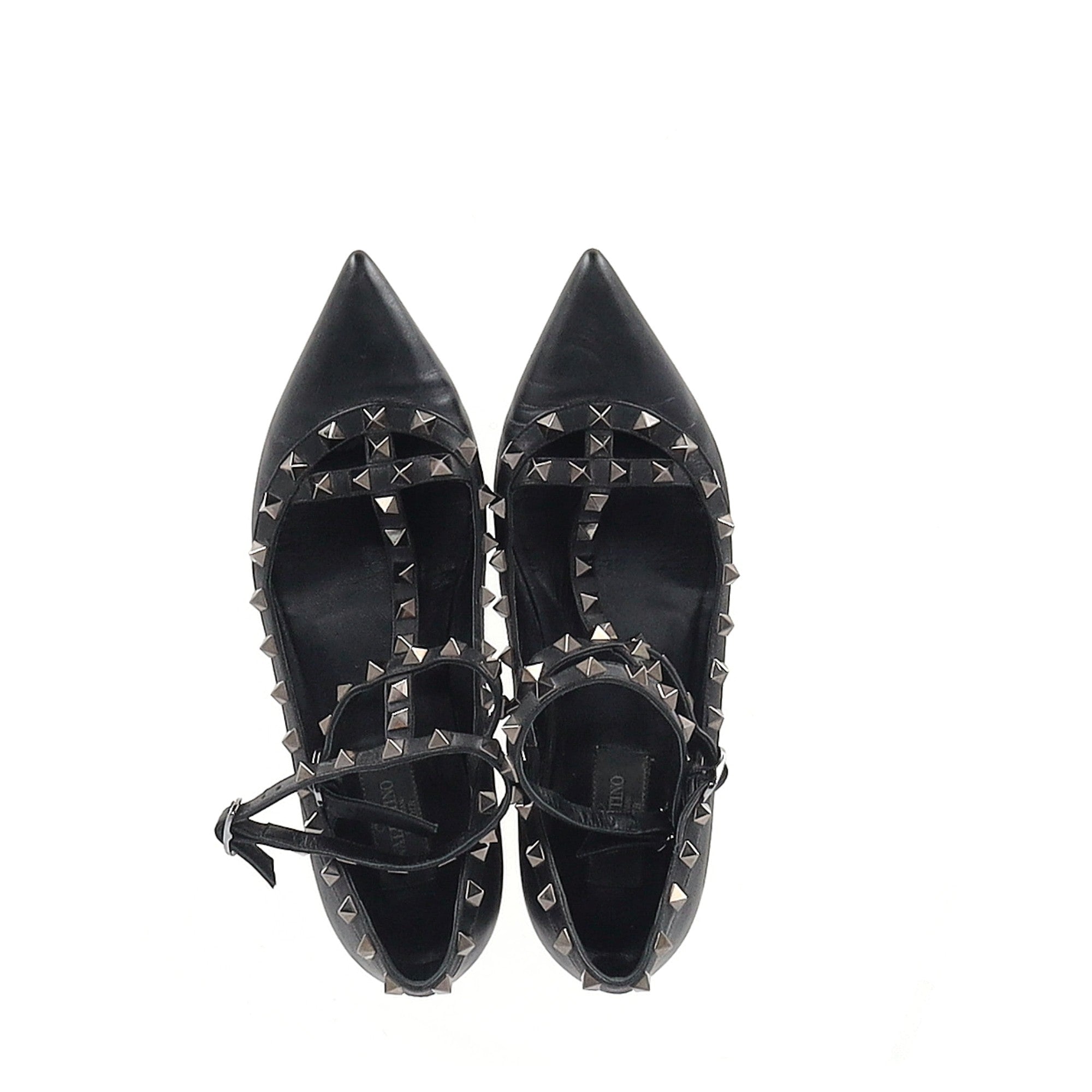 Valentino Garavani Rockstud Caged Strap Ballet Flats in Black Leather