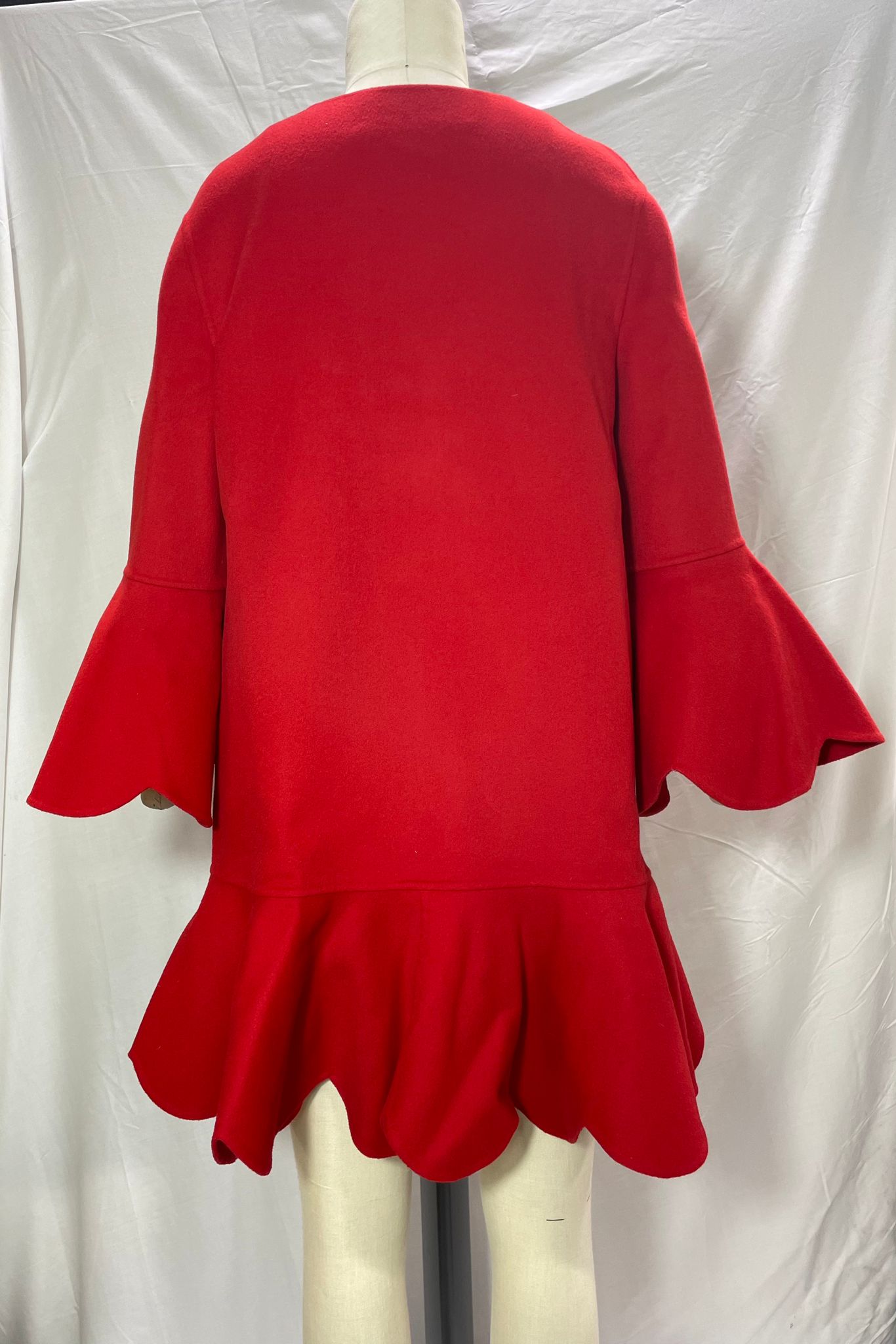Valentino Garavani Ruffled Hem Bell Sleeve Coat in Red Wool