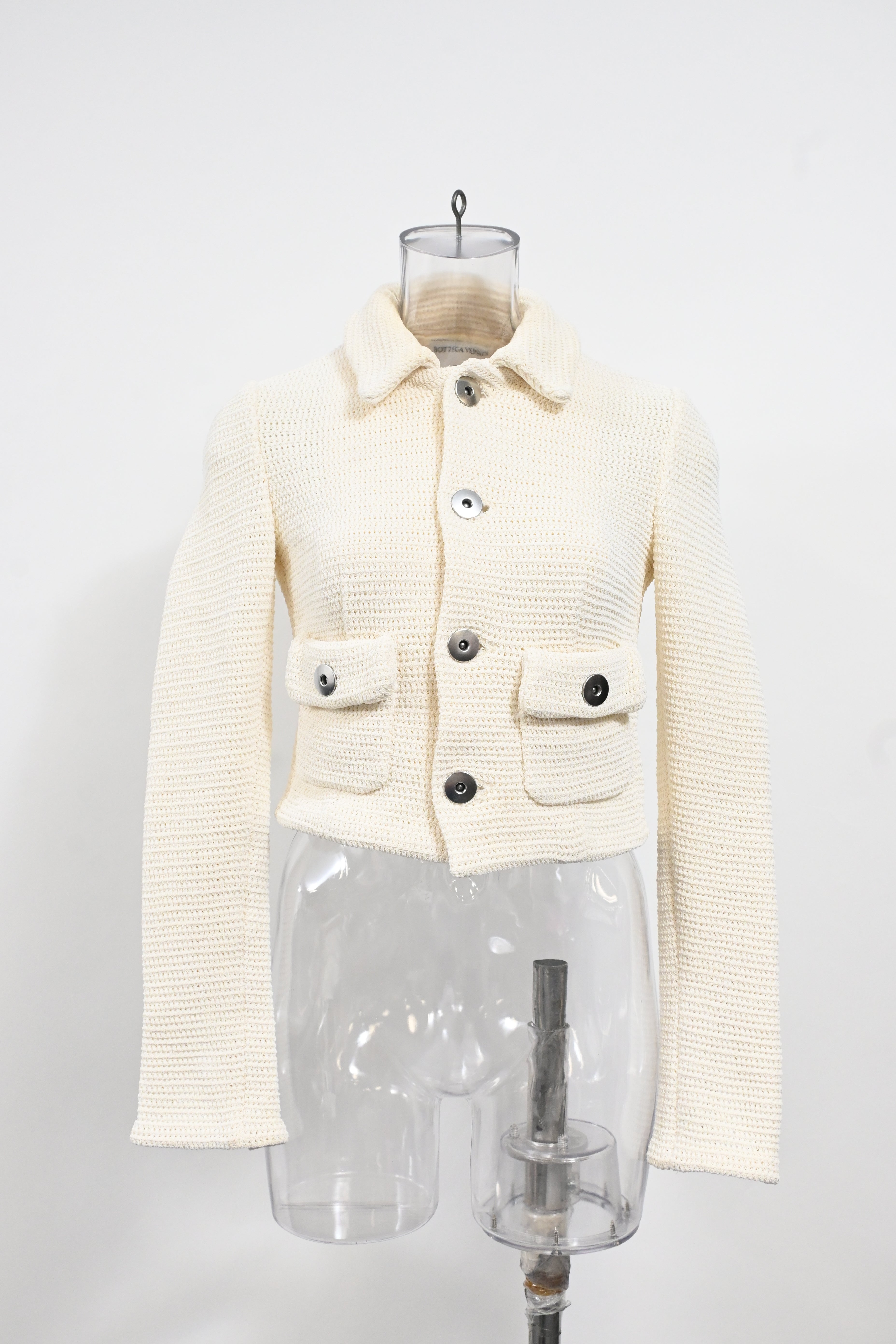 Bottega Veneta Salon 01 Knitted Button-Down Jacket in Cream Cotton