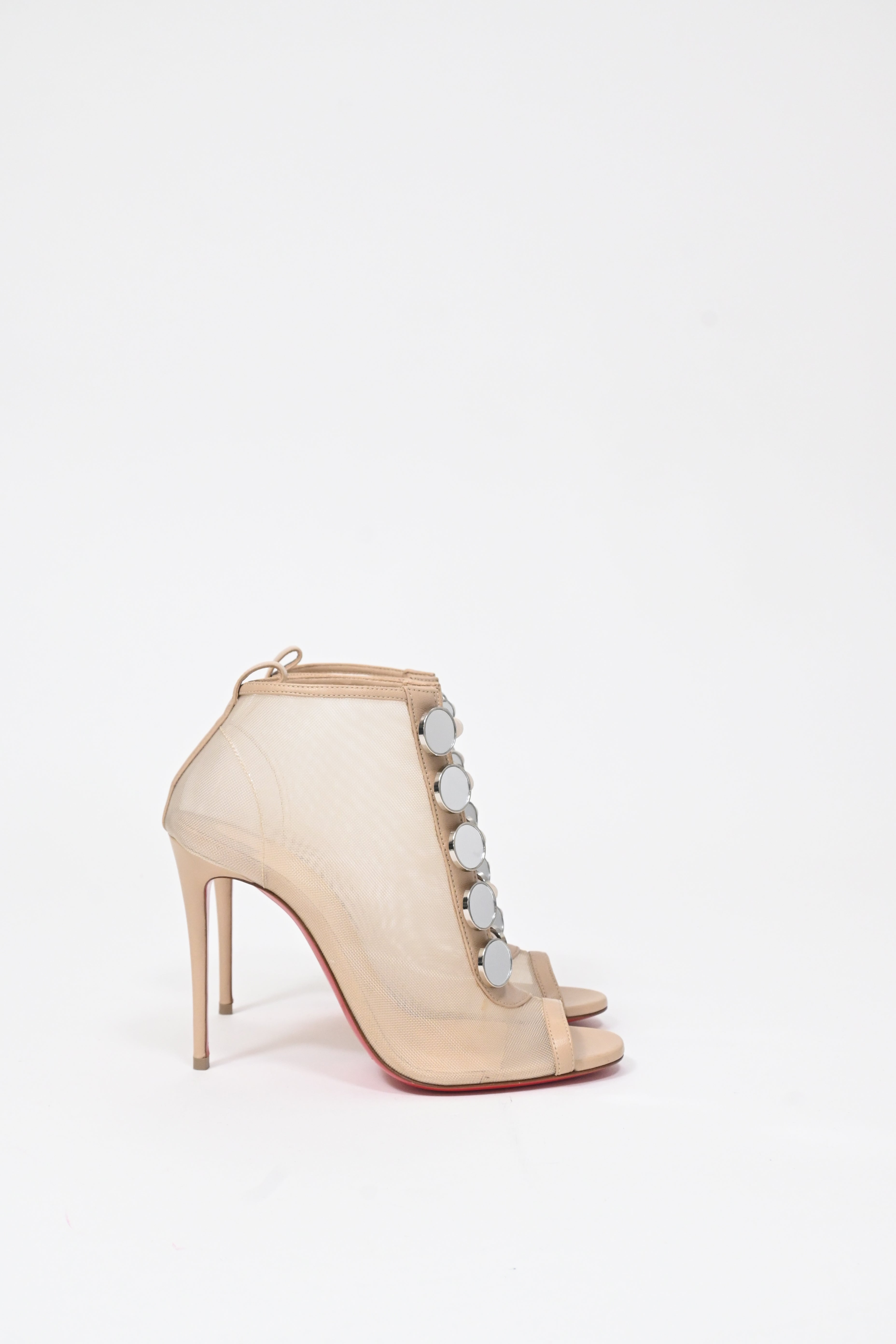 Christian Louboutin Marika 100 Embellished Peep-Toe Boots in Nude Mesh