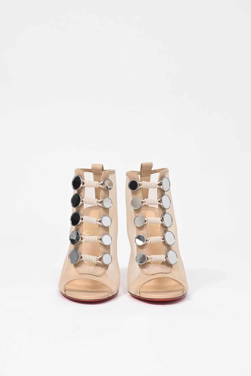 Christian Louboutin Marika 100 Embellished Peep-Toe Boots in Nude Mesh