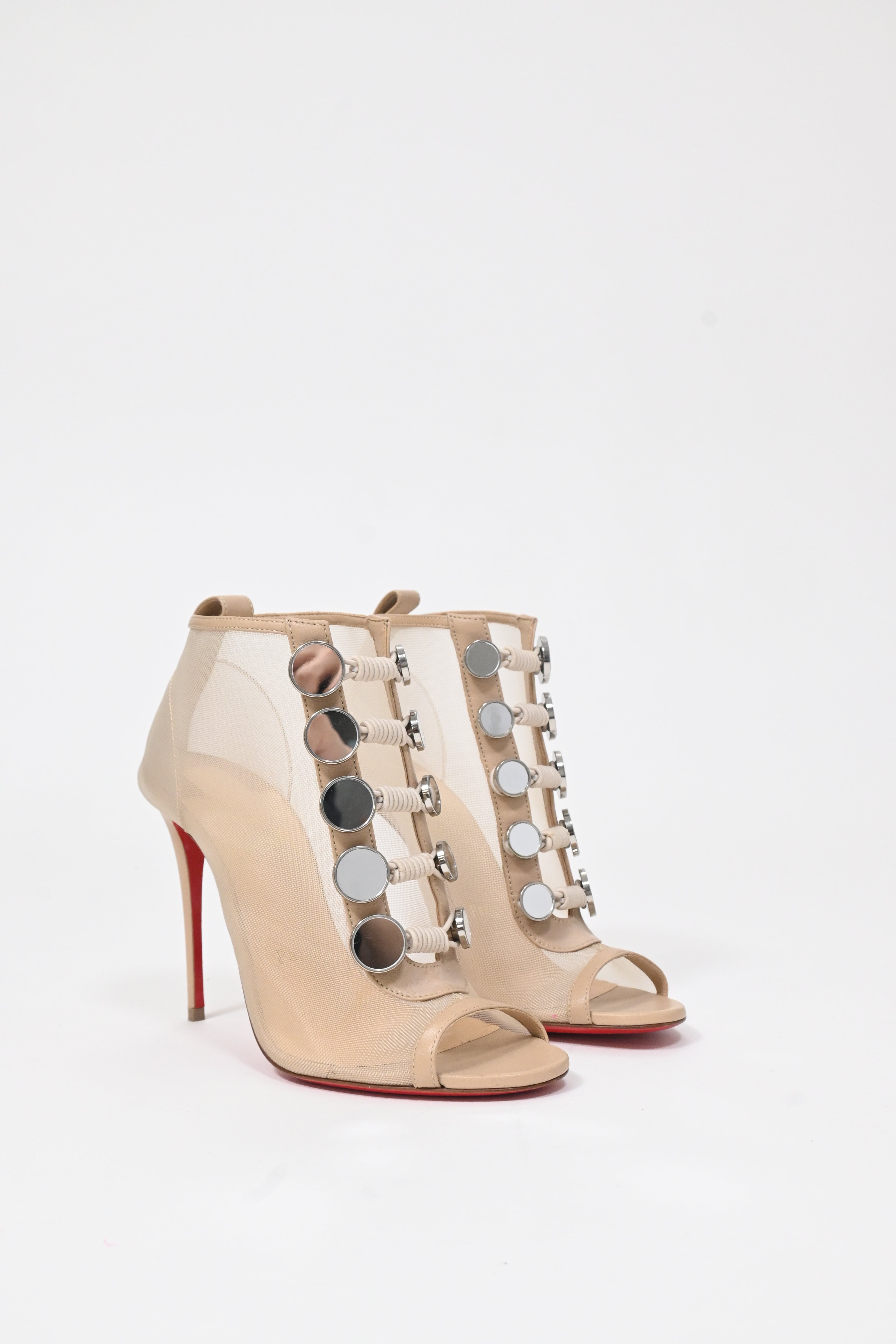Christian Louboutin Marika 100 Embellished Peep-Toe Boots in Nude Mesh