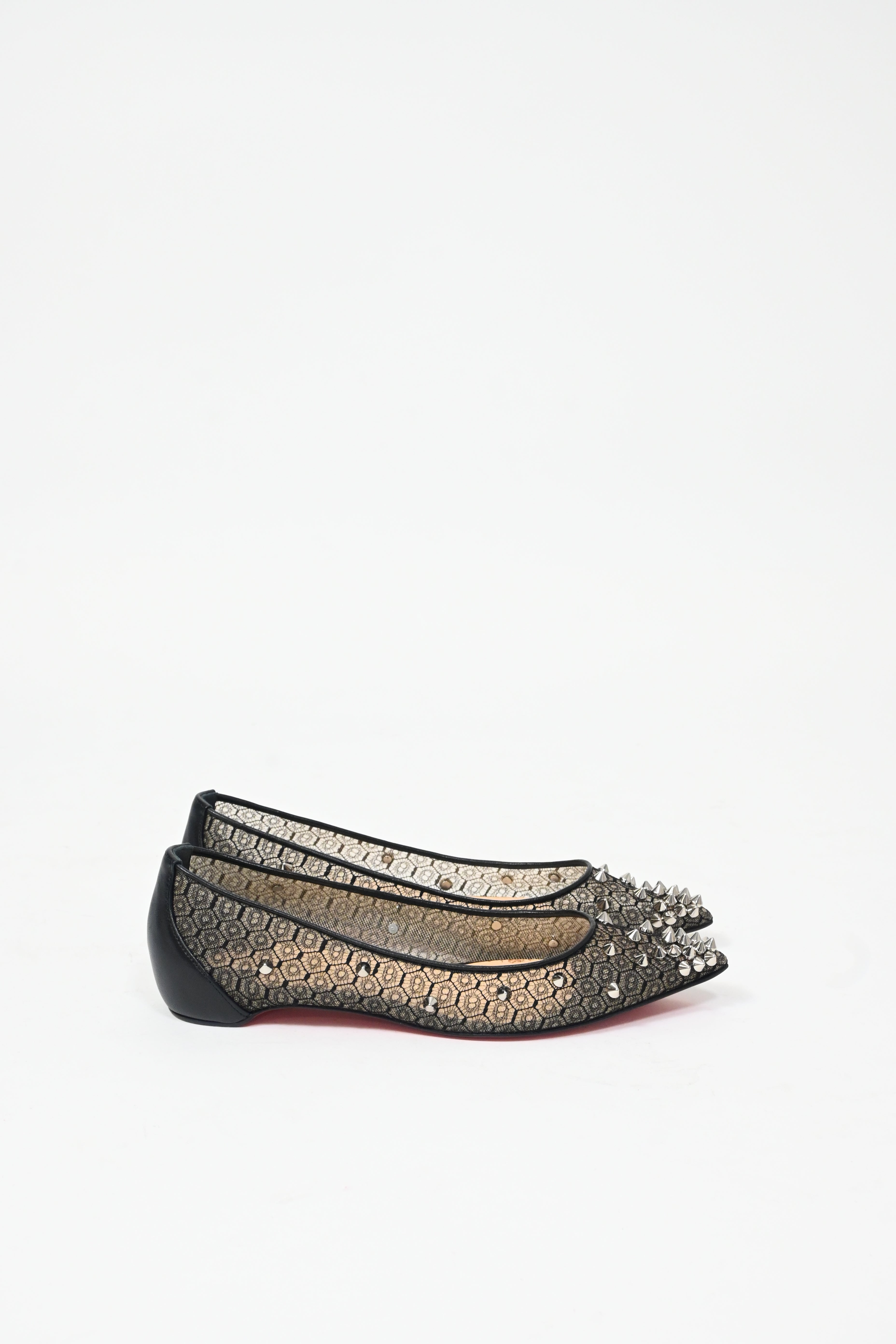 Christian Louboutin Lace Spike-Embellished Ballet Flats in Black Polyester