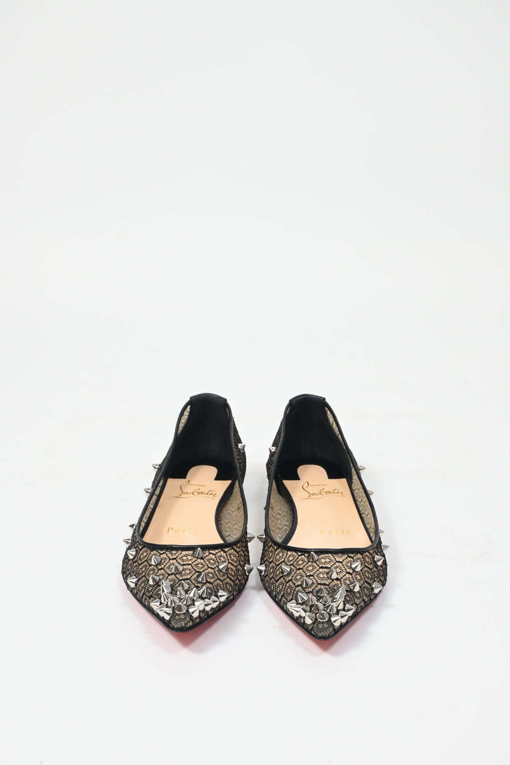 Christian Louboutin Lace Spike-Embellished Ballet Flats in Black Polyester