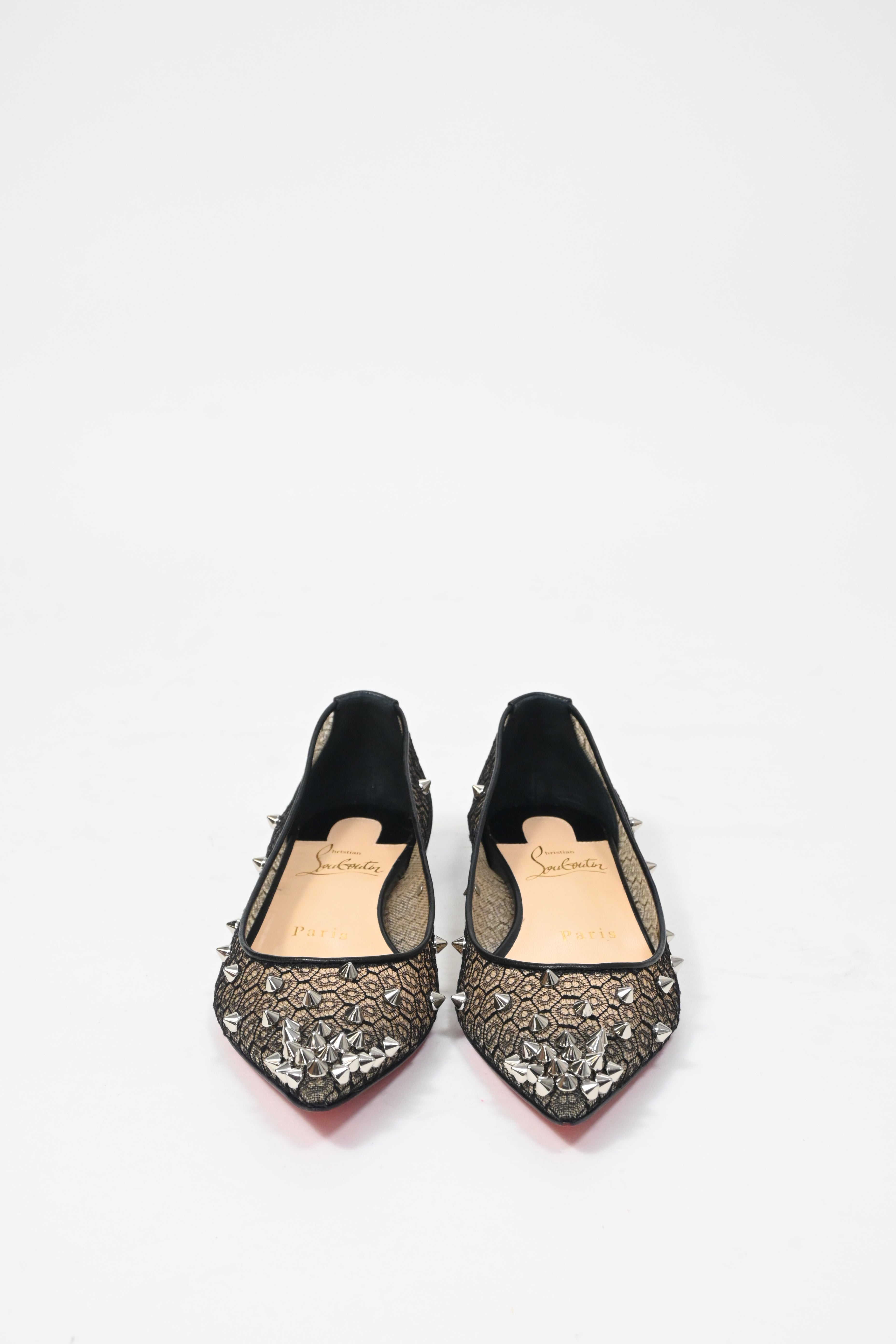 Christian Louboutin Lace Spike-Embellished Ballet Flats in Black Polyester