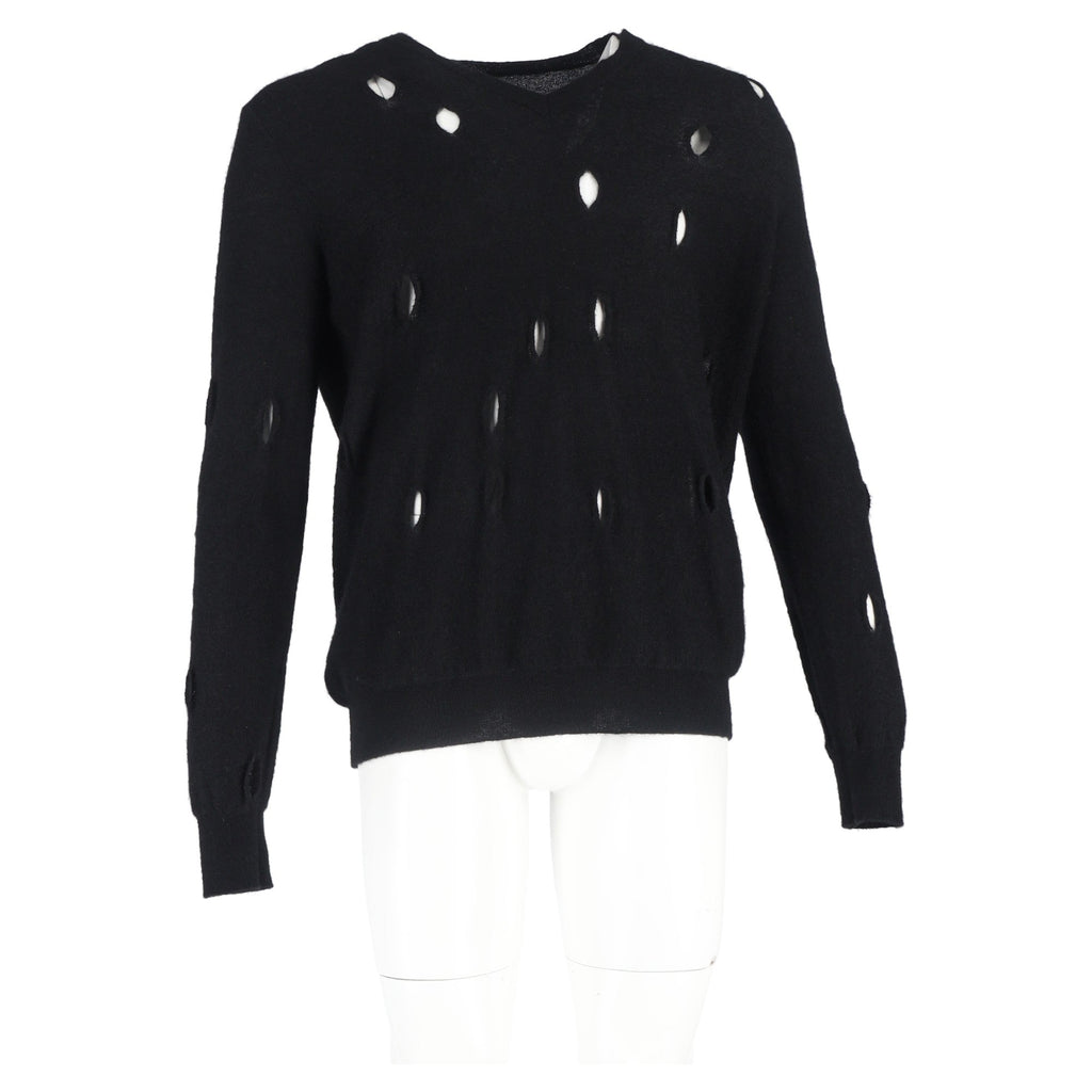 Bottega Veneta Distressed V-Neck Sweater in Black Wool