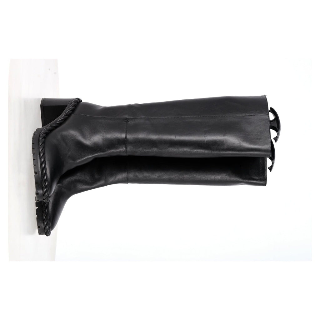 Valentino Garavani Rope Mid-Calf Block Heel Boots in Black Leather