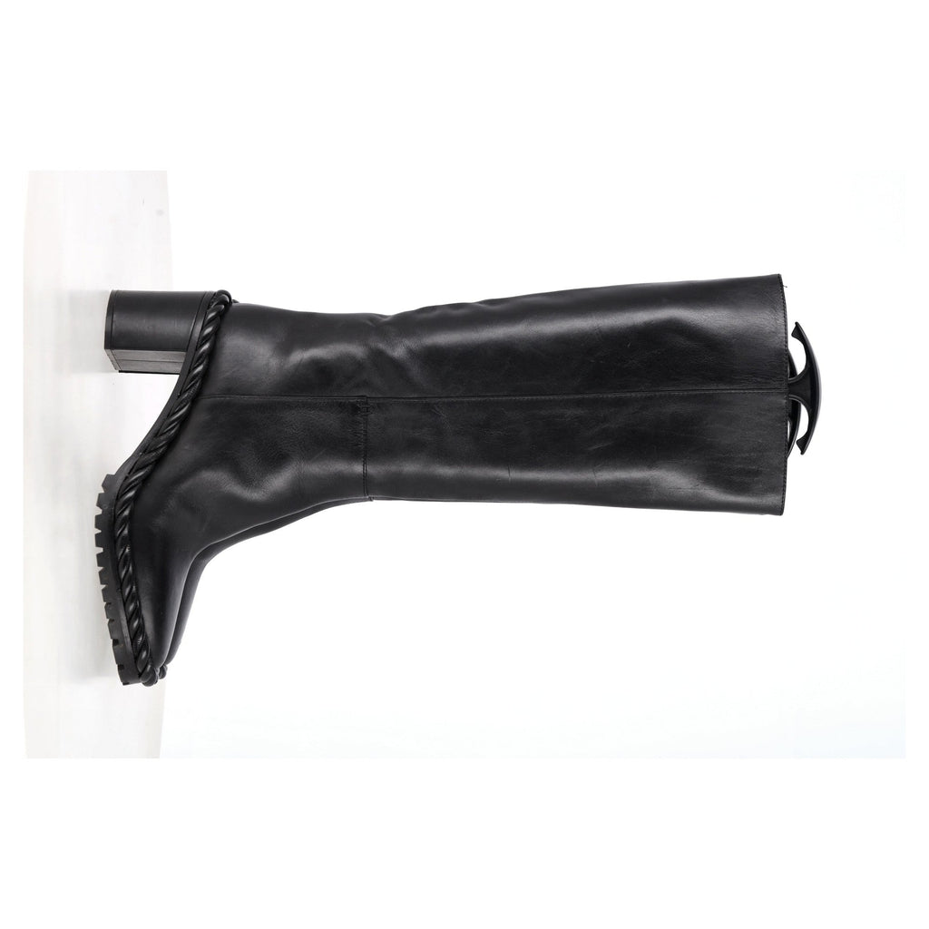 Valentino Garavani Rope Mid-Calf Block Heel Boots in Black Leather