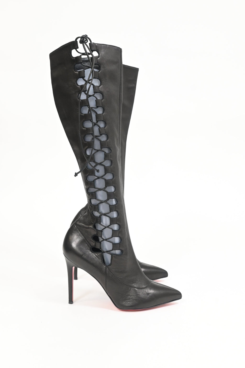Christian Louboutin Goulue Lace Up Knee Boots in Black Leather