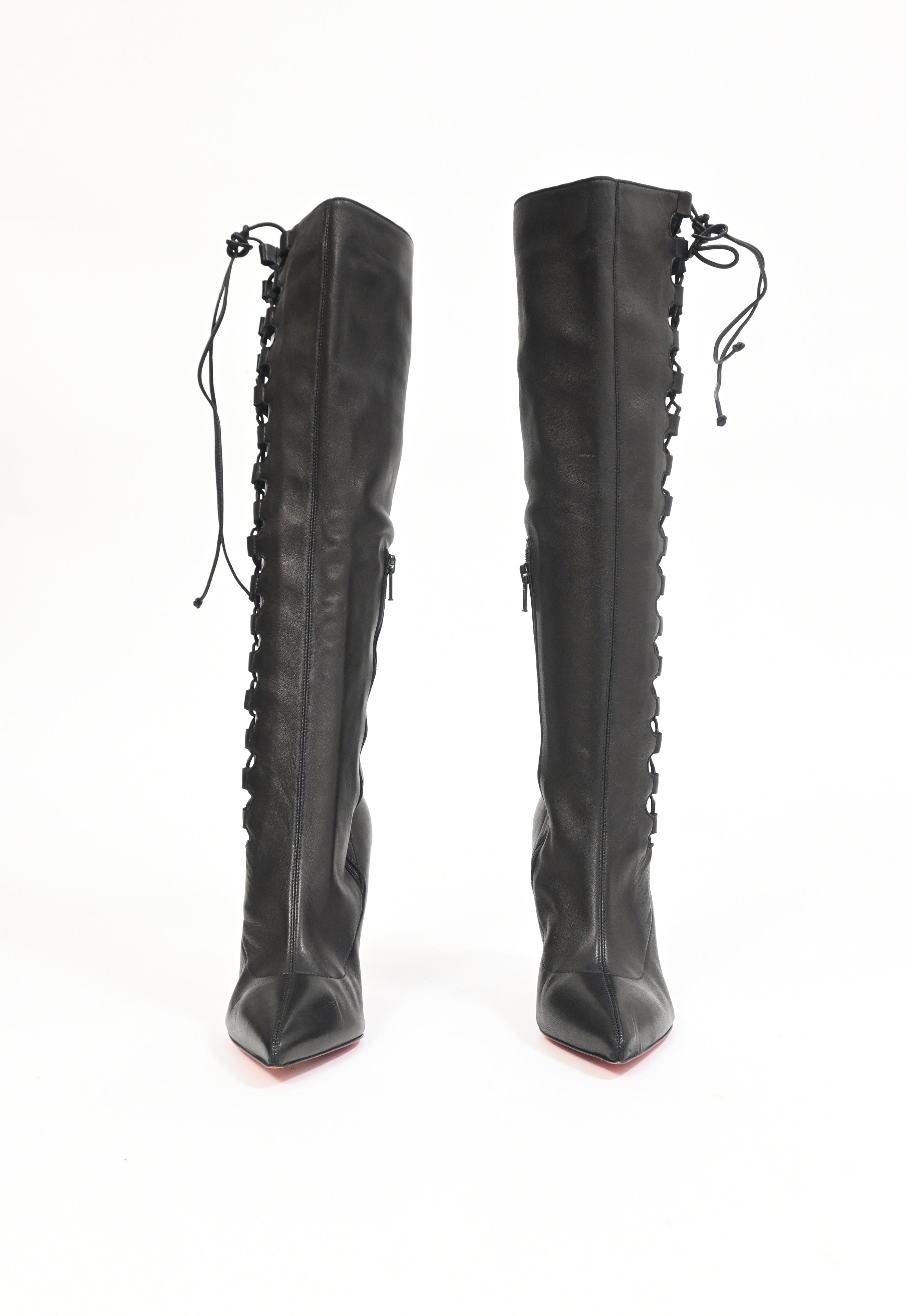 Christian Louboutin Goulue Lace Up Knee Boots in Black Leather