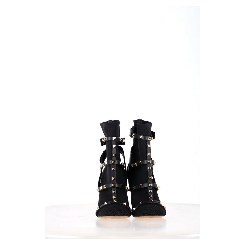 Valentino Knit Rockstud Caged Boots in Black Leather