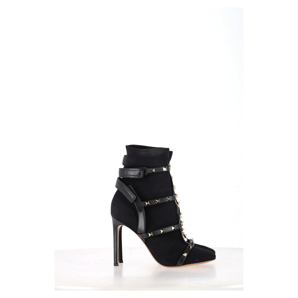 Valentino Knit Rockstud Caged Boots in Black Leather