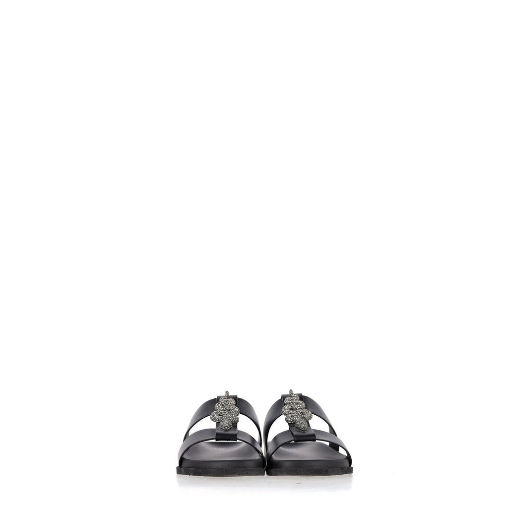 Valentino Garavani Serpent Snake Embellished Slippers in Black Leather