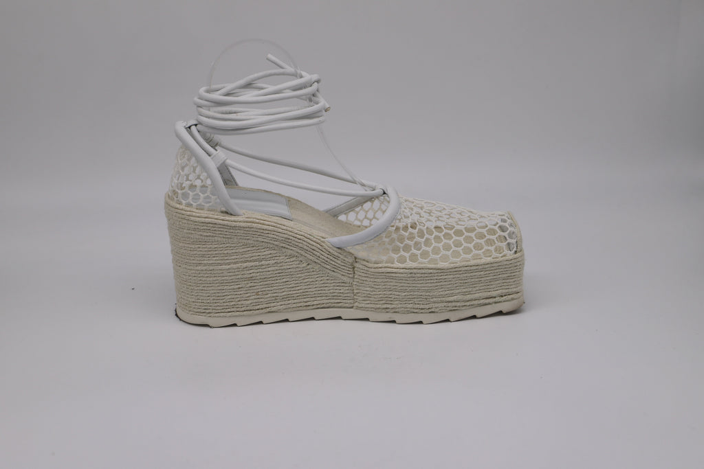 Bottega Veneta Stretch Lace-Up Wedge Espadrilles in White Leather