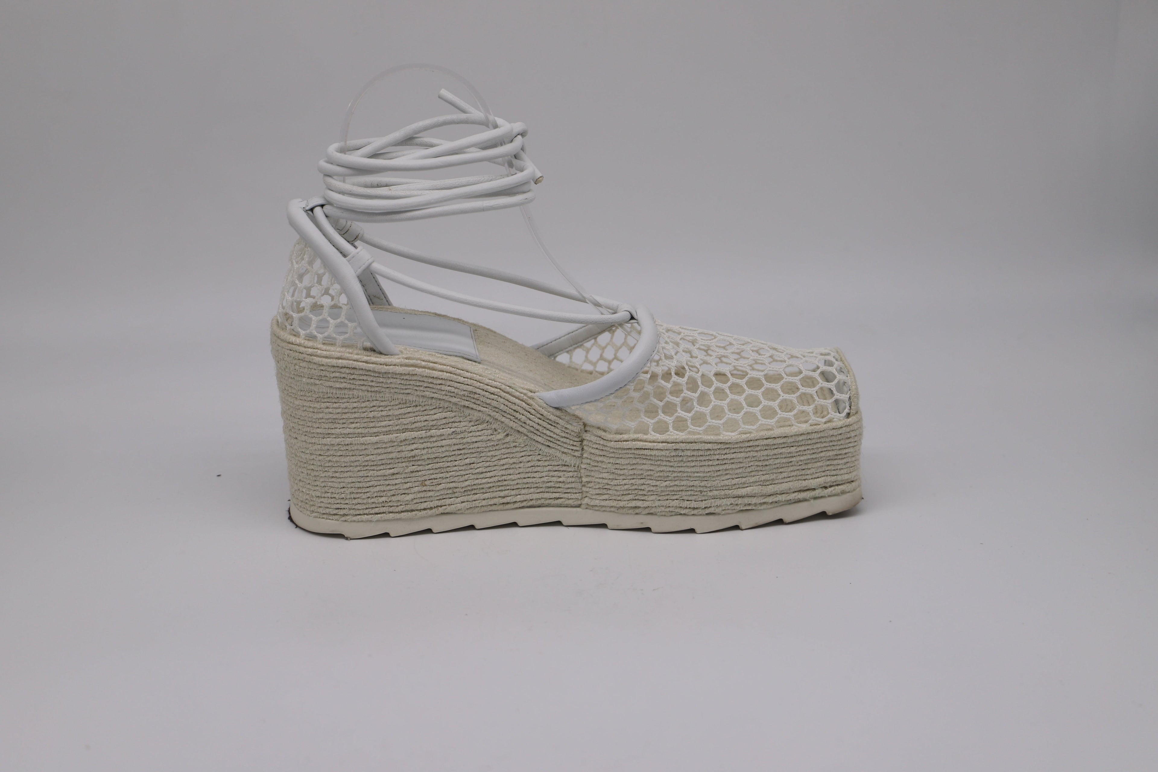 Bottega Veneta Stretch Lace-Up Wedge Espadrilles in White Leather