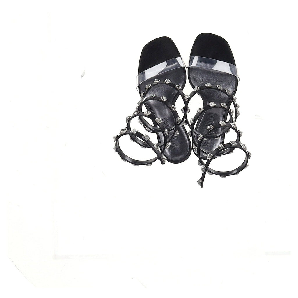 Valentino Garavani Rockstud Wrap Around Sandal Heels in Black Leather