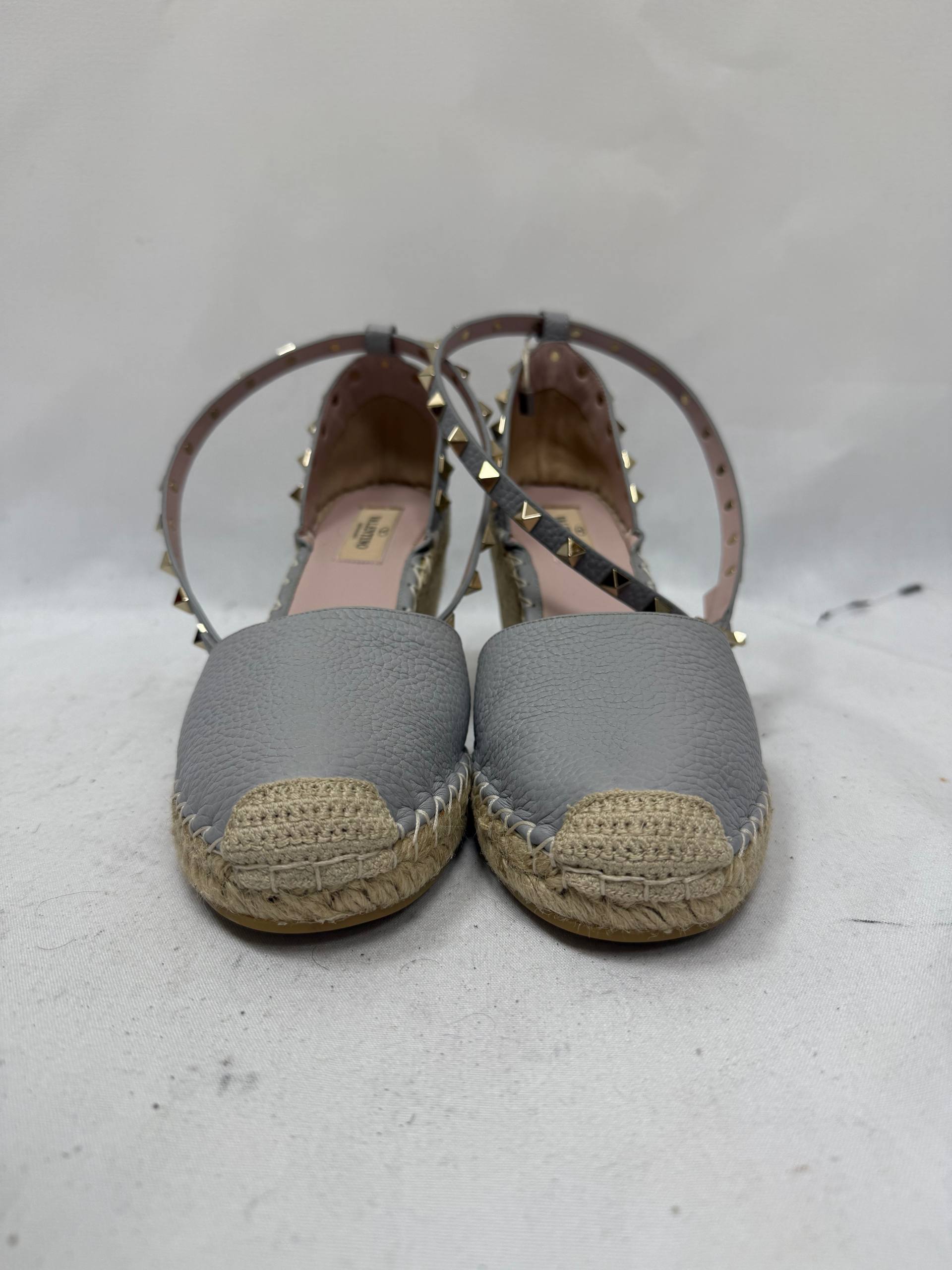 Valentino Rockstud Ankle Strap Espadrille Wedge Pumps in Grey Leather
