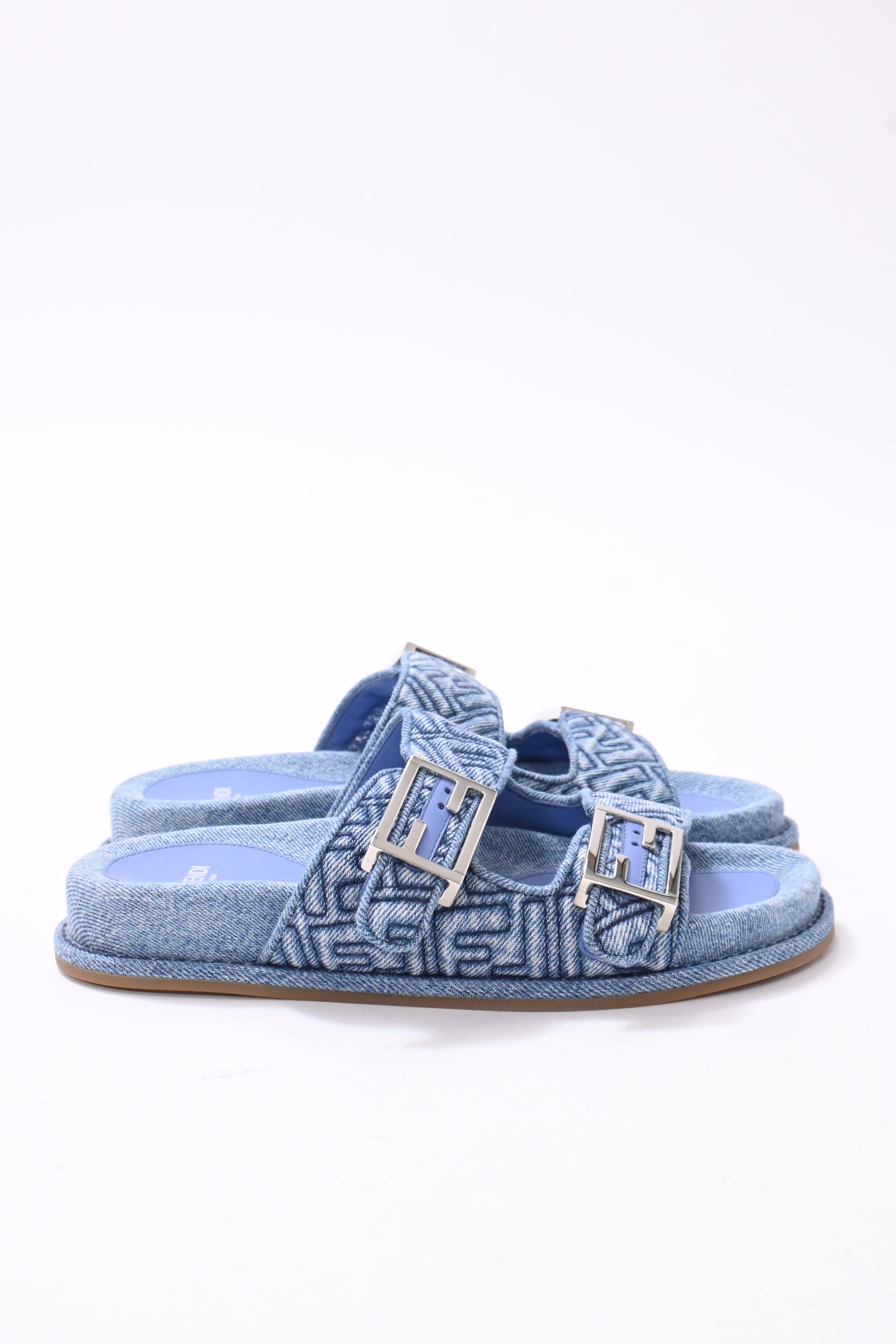 Fendi FF Feel Slide Flat Sandals in Blue Cotton Denim