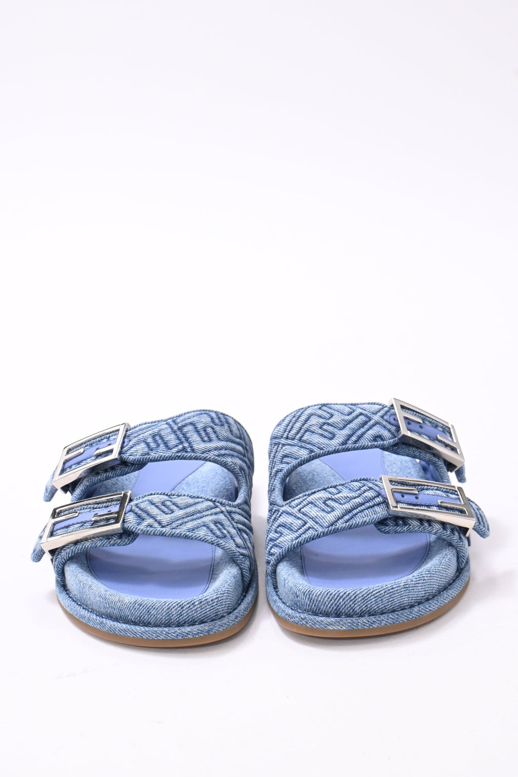 Fendi FF Feel Slide Flat Sandals in Blue Cotton Denim