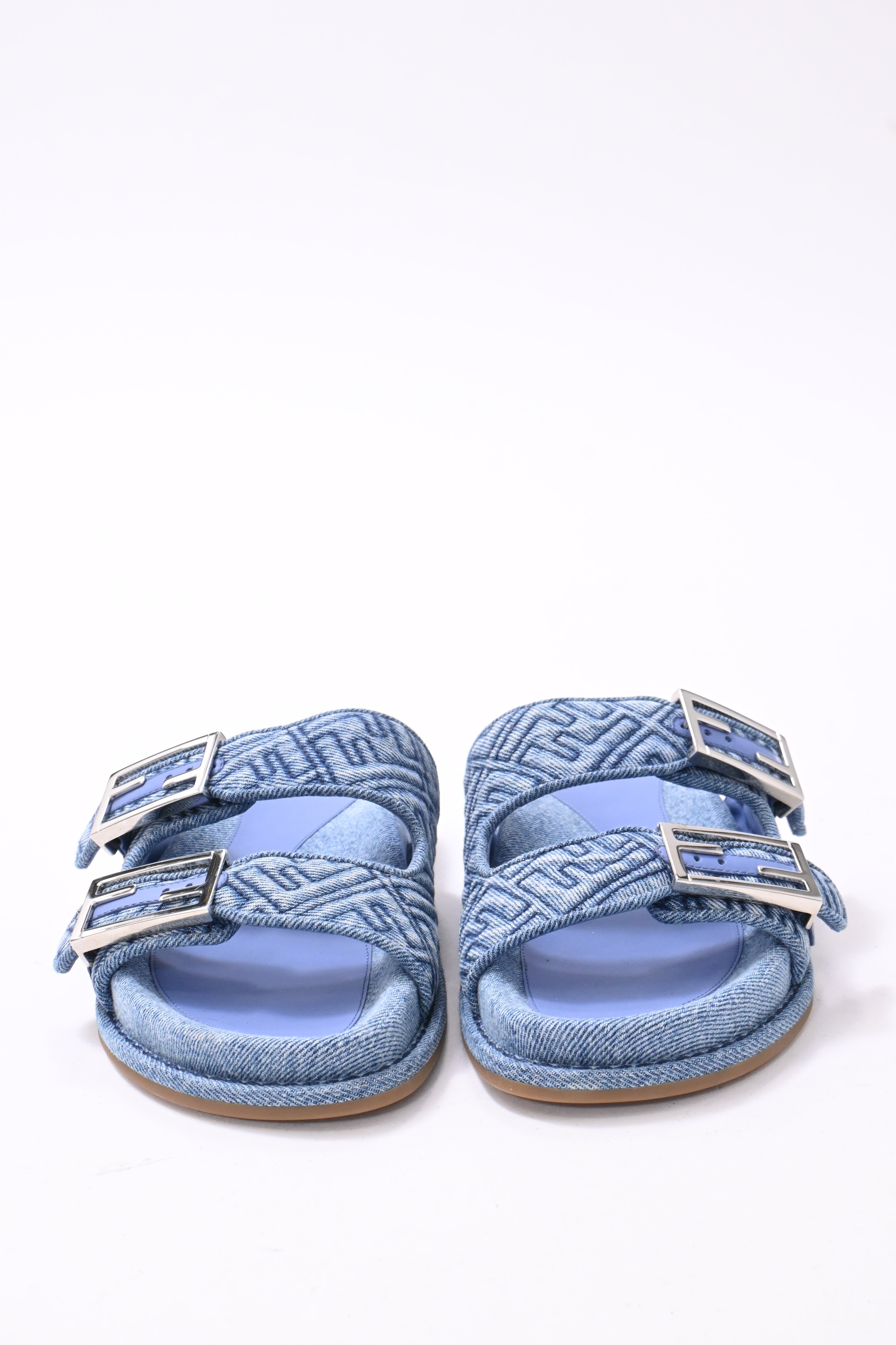 Fendi FF Feel Slide Flat Sandals in Blue Cotton Denim