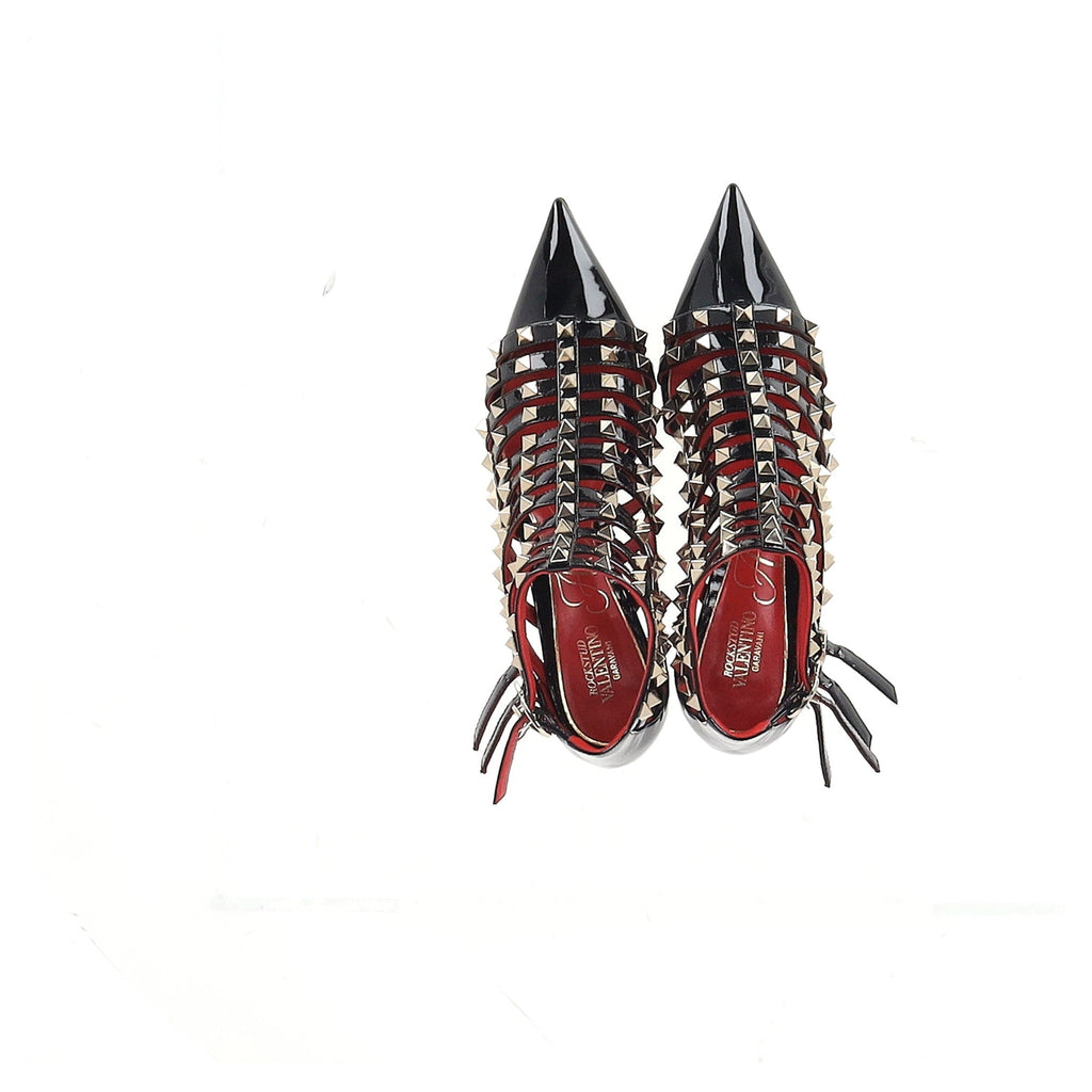 Valentino Alcove Rockstud Gladiator Booties in Black Patent Leather