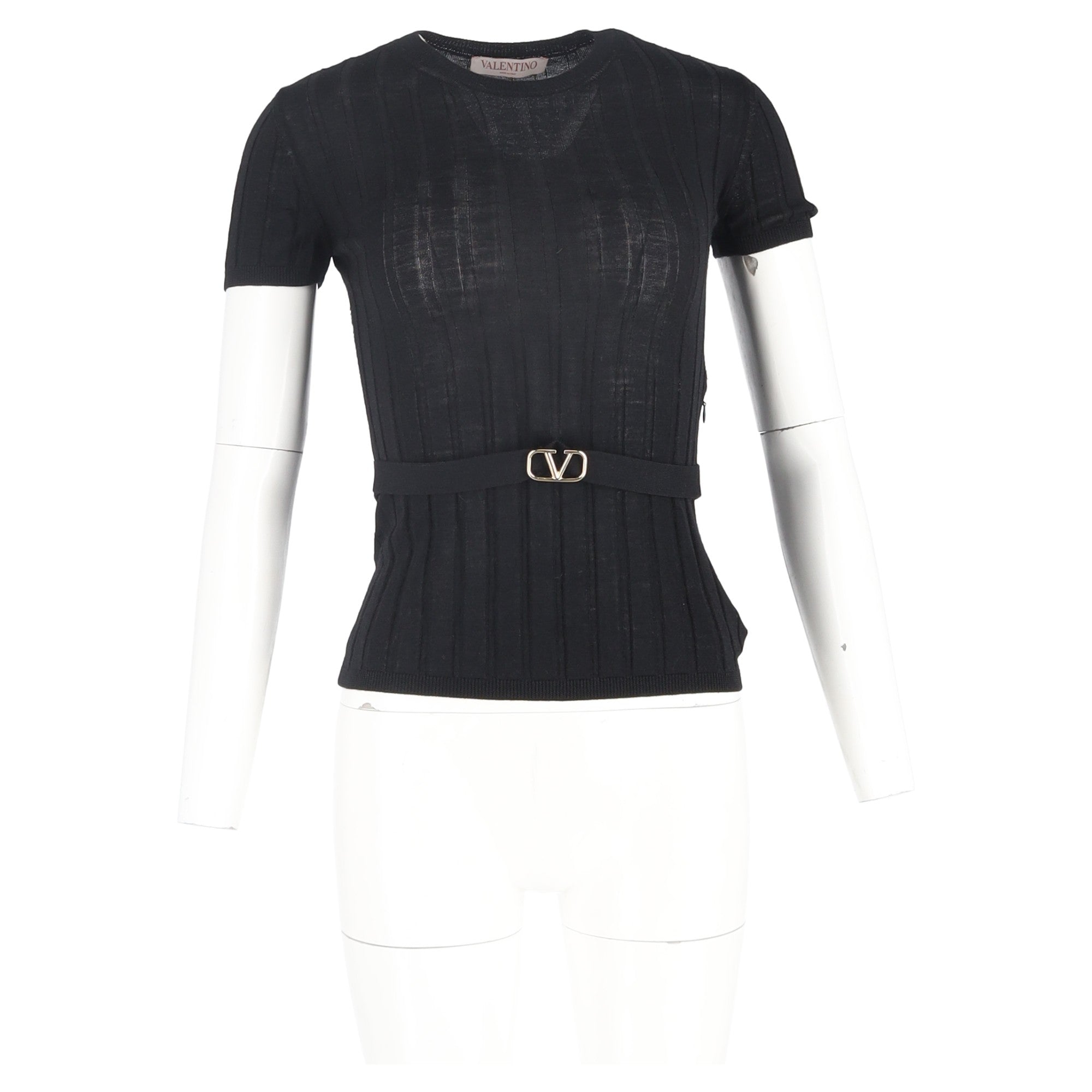 Valentino Garavani Belted Ribbed-Knit T-shirt in Black Wool