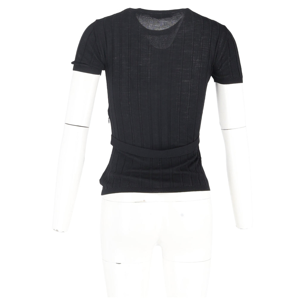 Valentino Garavani Belted Ribbed-Knit T-shirt in Black Wool