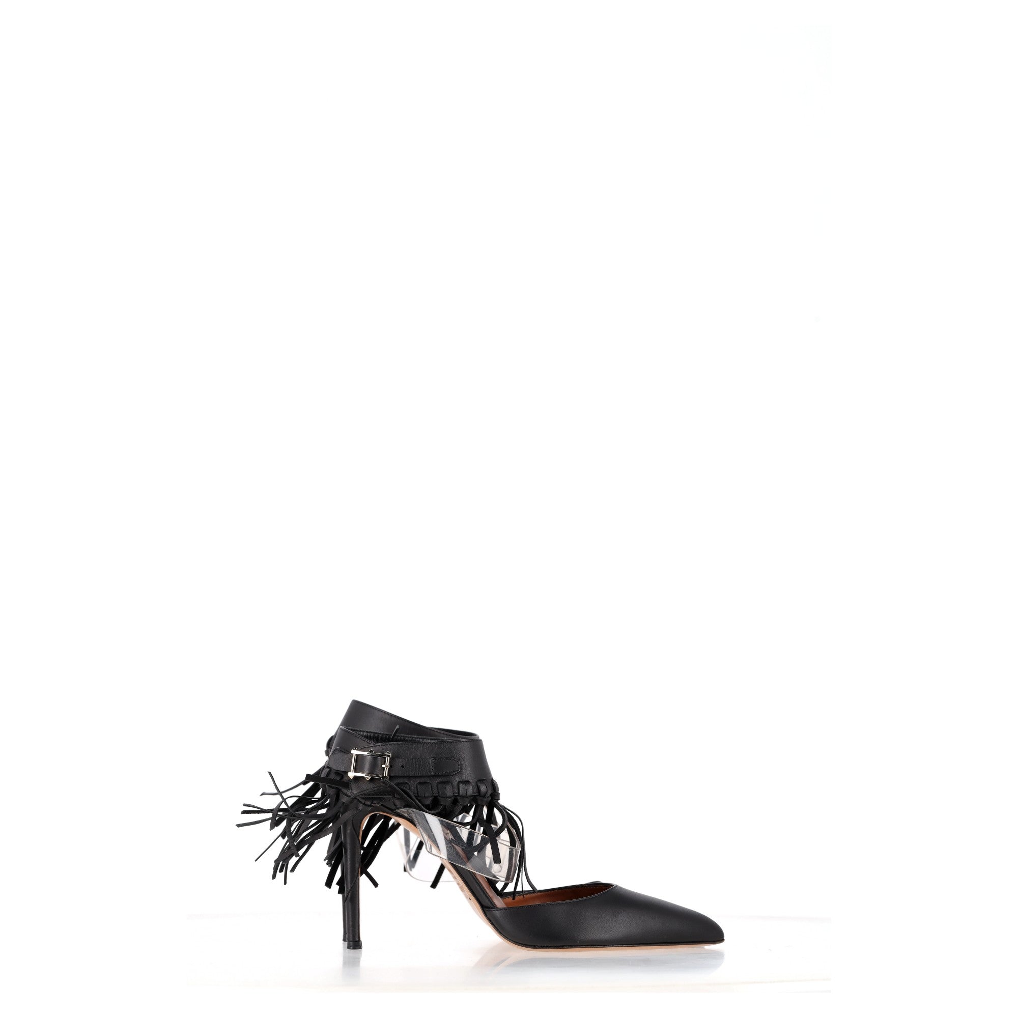 Valentino Garavani Fringed Ankle Strap Pumps in Black Leather