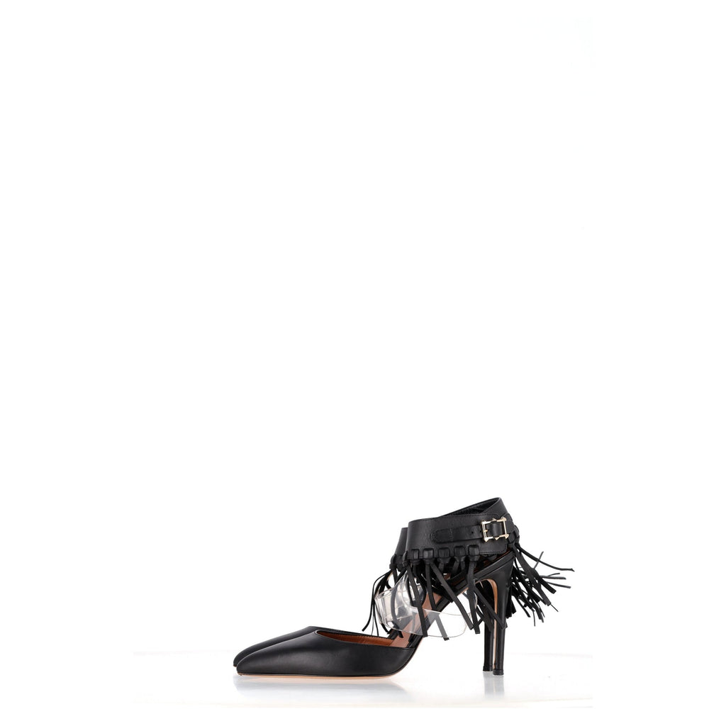 Valentino Garavani Fringed Ankle Strap Pumps in Black Leather