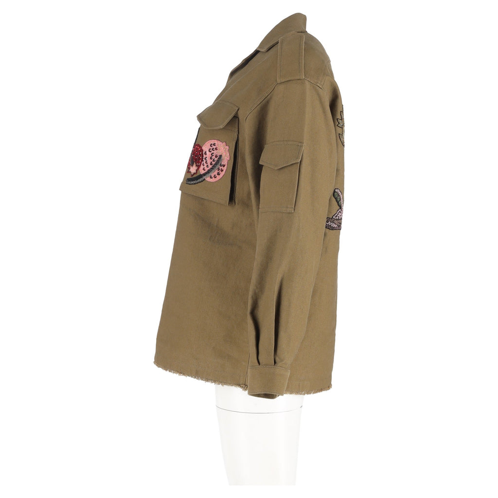 Valentino Embroidered Military Jacket in Olive Green Cotton