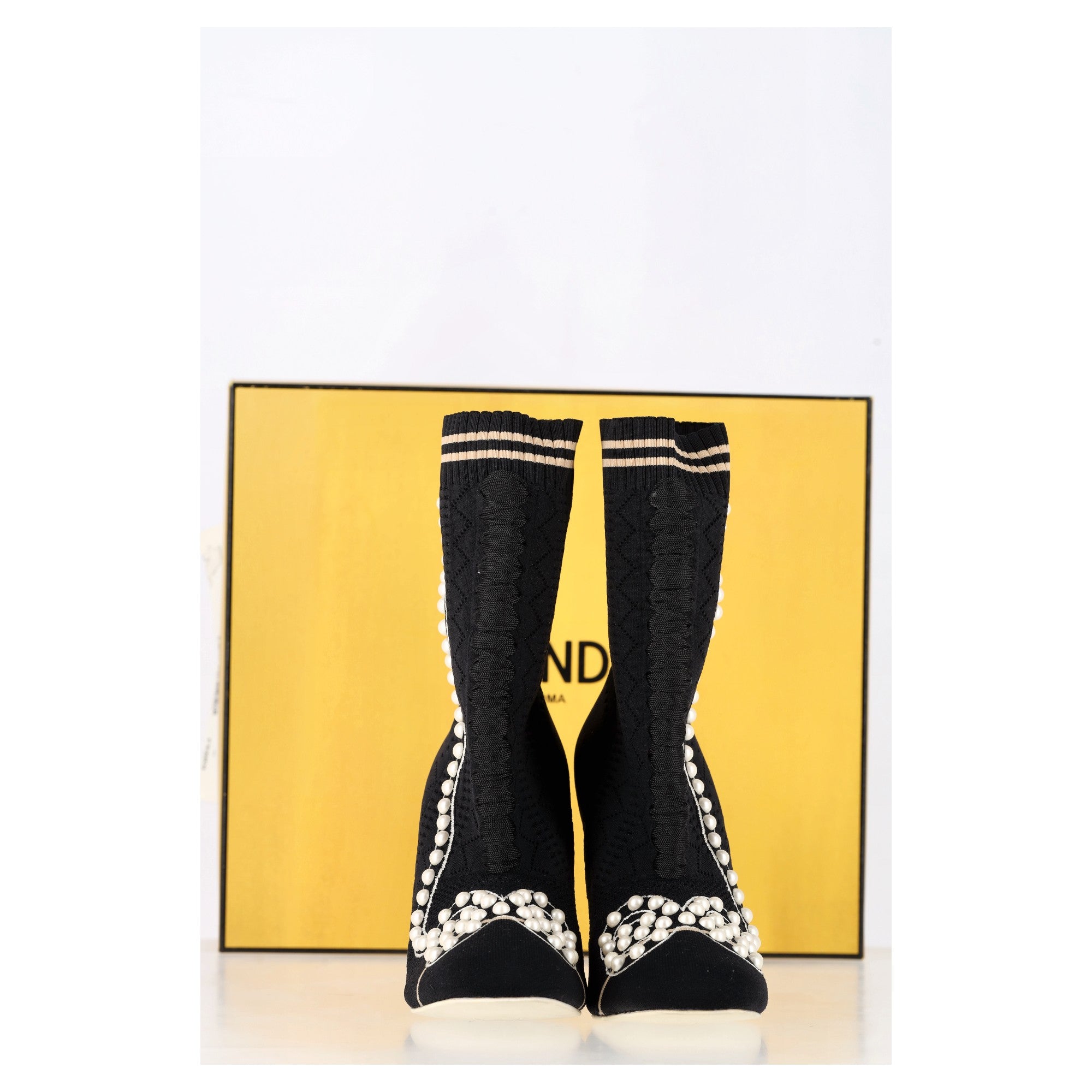 Fendi Knit Fabric Pearl Embellished Sock Ankle Boots in Black Nylon