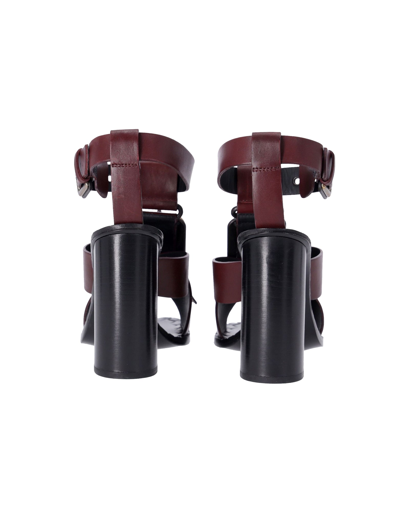 Bottega Veneta Fringe Buckle T-strap Block Heel Sandals in Maroon Leather