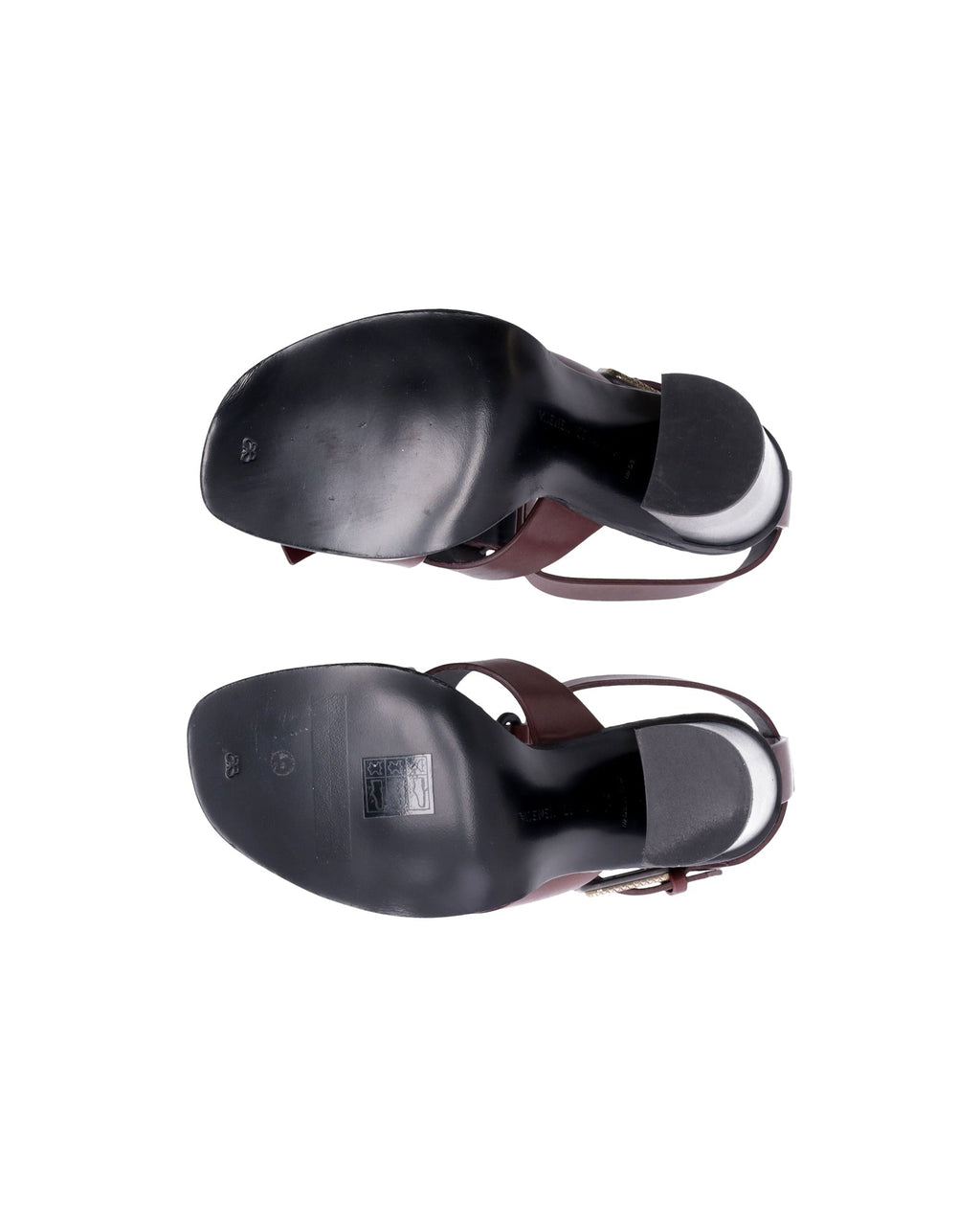 Bottega Veneta Fringe Buckle T-strap Block Heel Sandals in Maroon Leather